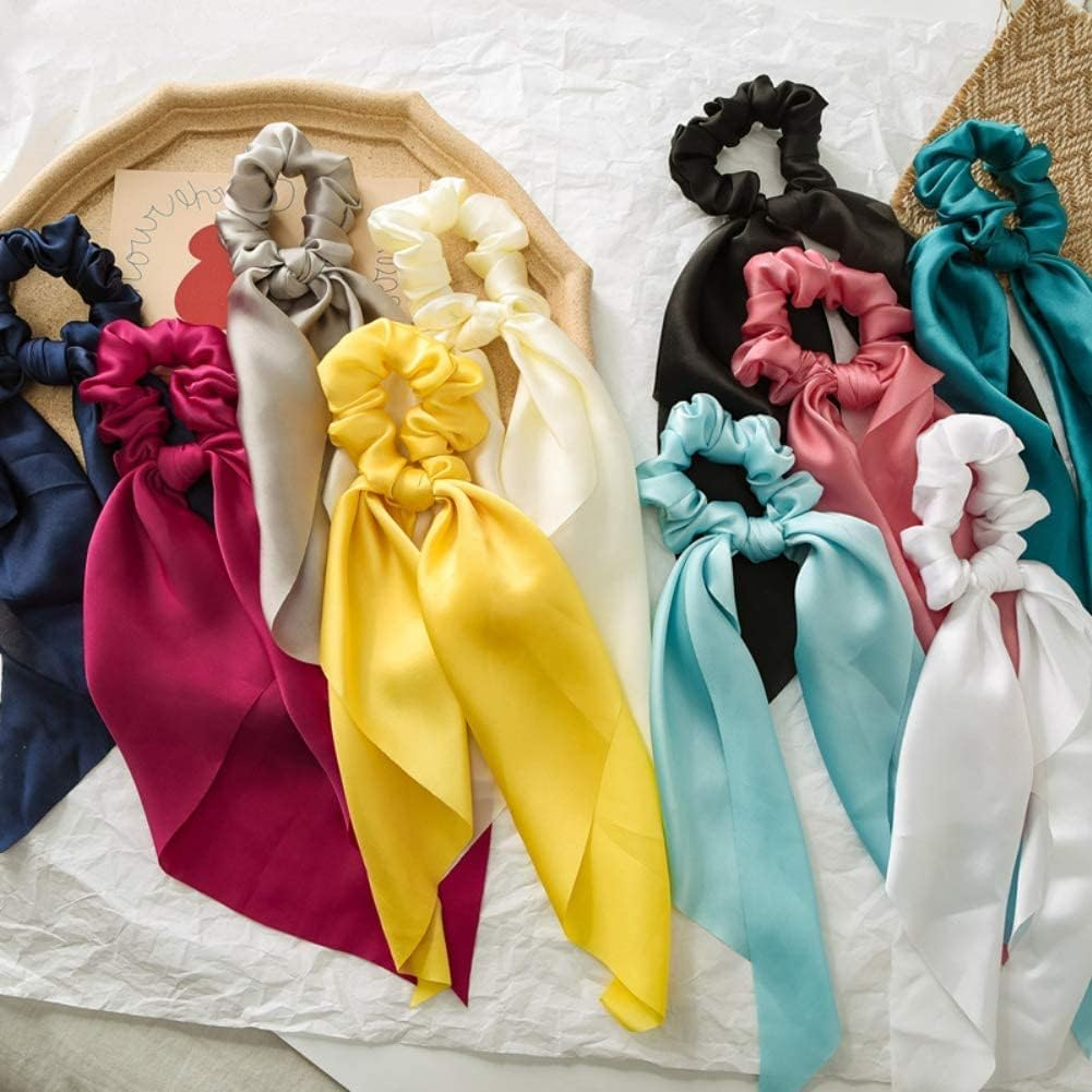 Yellow Women Girl Bow Satin Ribbon Ponytail Scarf Hair Tie Rope Scrunchies Elastic Band Hair Scrunchies Bands Hair Elastics and Ties Hair Accessories image number 3