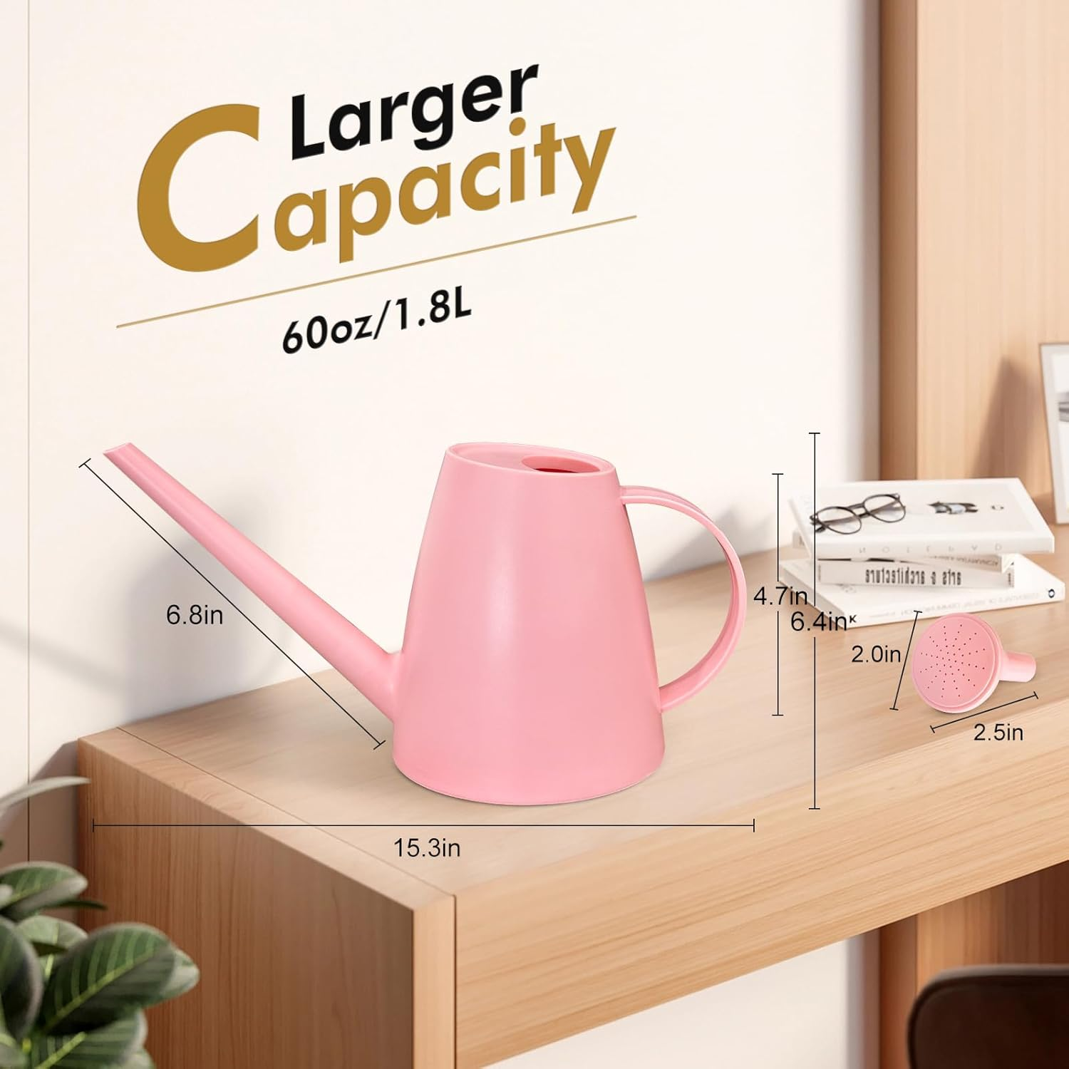 Watering Can for Indoor Outdoor Plants, Modern Small Watering Cans with Removable Nozzle, Long Spout Watering Can for Indoor Bonsai Plants Garden Flowers 1/2 Gallon 1.8L 60OZ image number 5