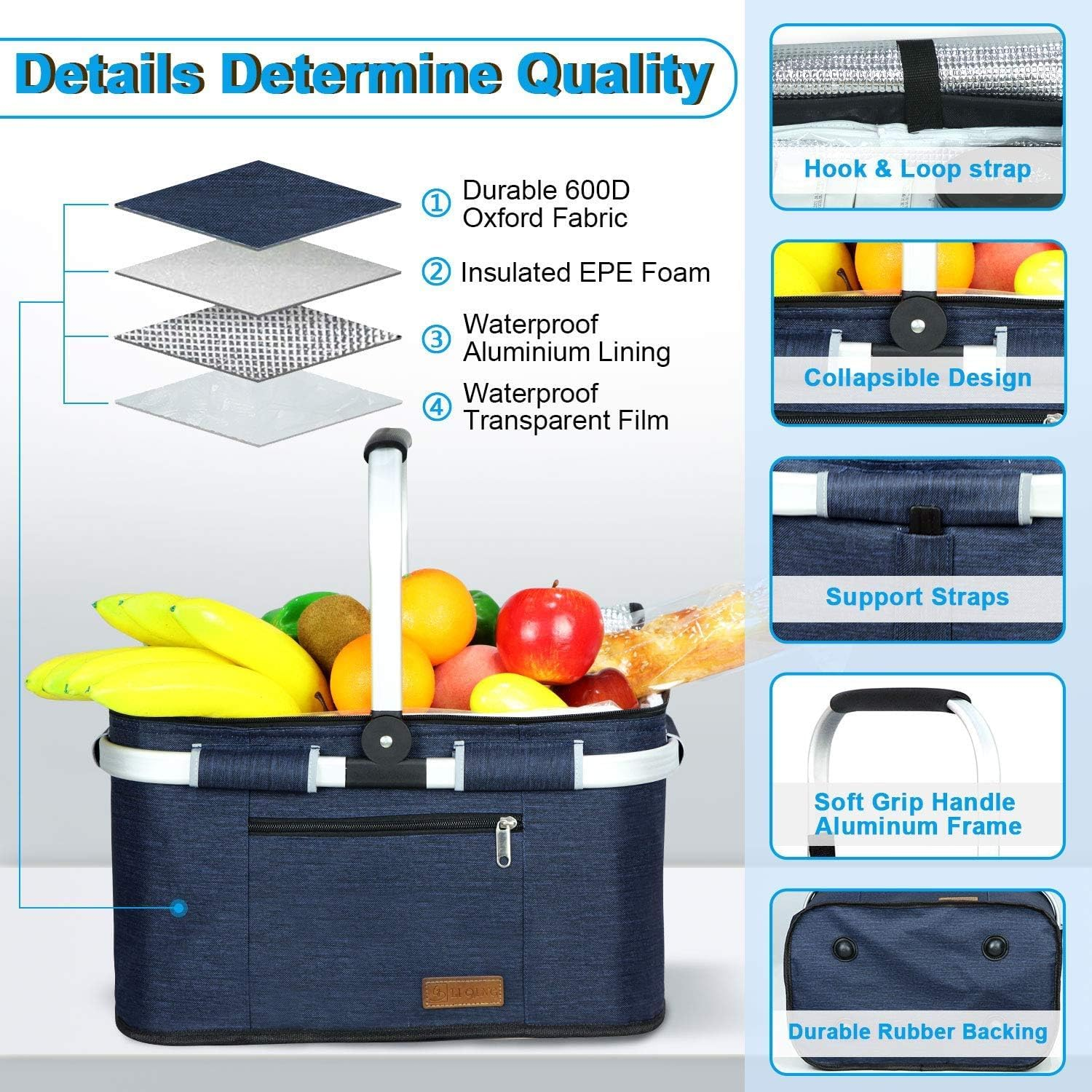 Insulated Picnic Basket - Foldable Cooler Bag with Aluminium Frame & Soft Grip Handle - Collapsible Grocery Basket, Market Tote, Lunch Bag for Family Picnics & Shopping image number 1