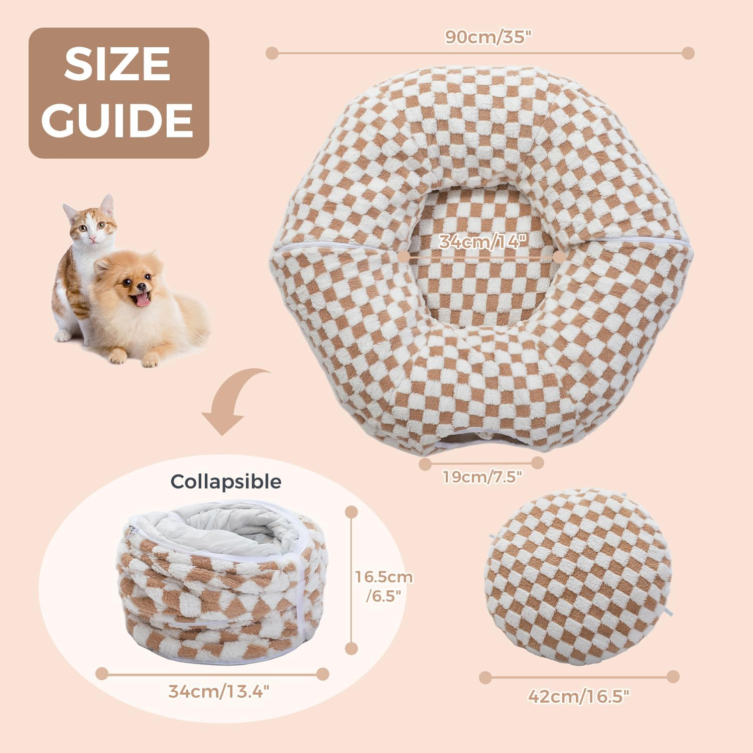 PAWZ Road Plush Cat Tunnel for Indoor Cats, 2 in 1 Donut Circle Shape Cat Tunnel & Cat Bed Diameter 85 Cm Brown