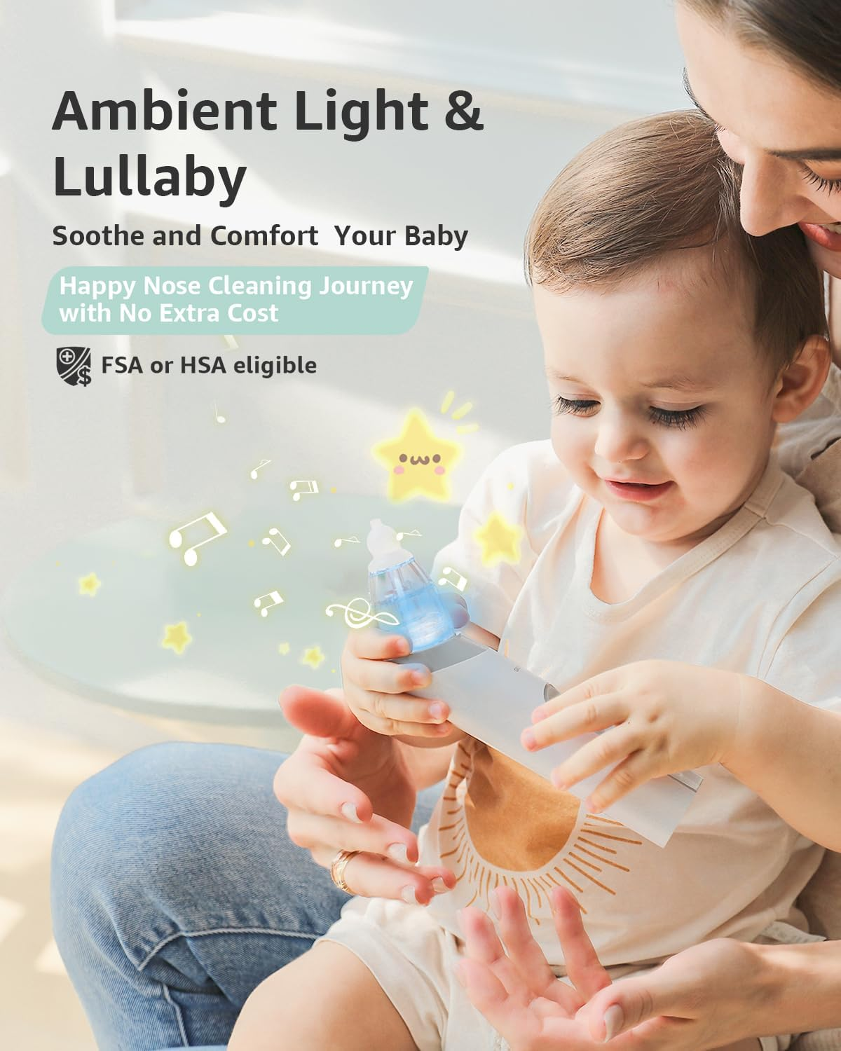 GROWNSY Nasal Aspirator for Baby, Electric Nose Aspirator for Toddler, Baby Nose Sucker, Automatic Nose Cleaner with 3 Silicone Tips, Adjustable Suction Level, Music and Light Soothing Function (Gray)