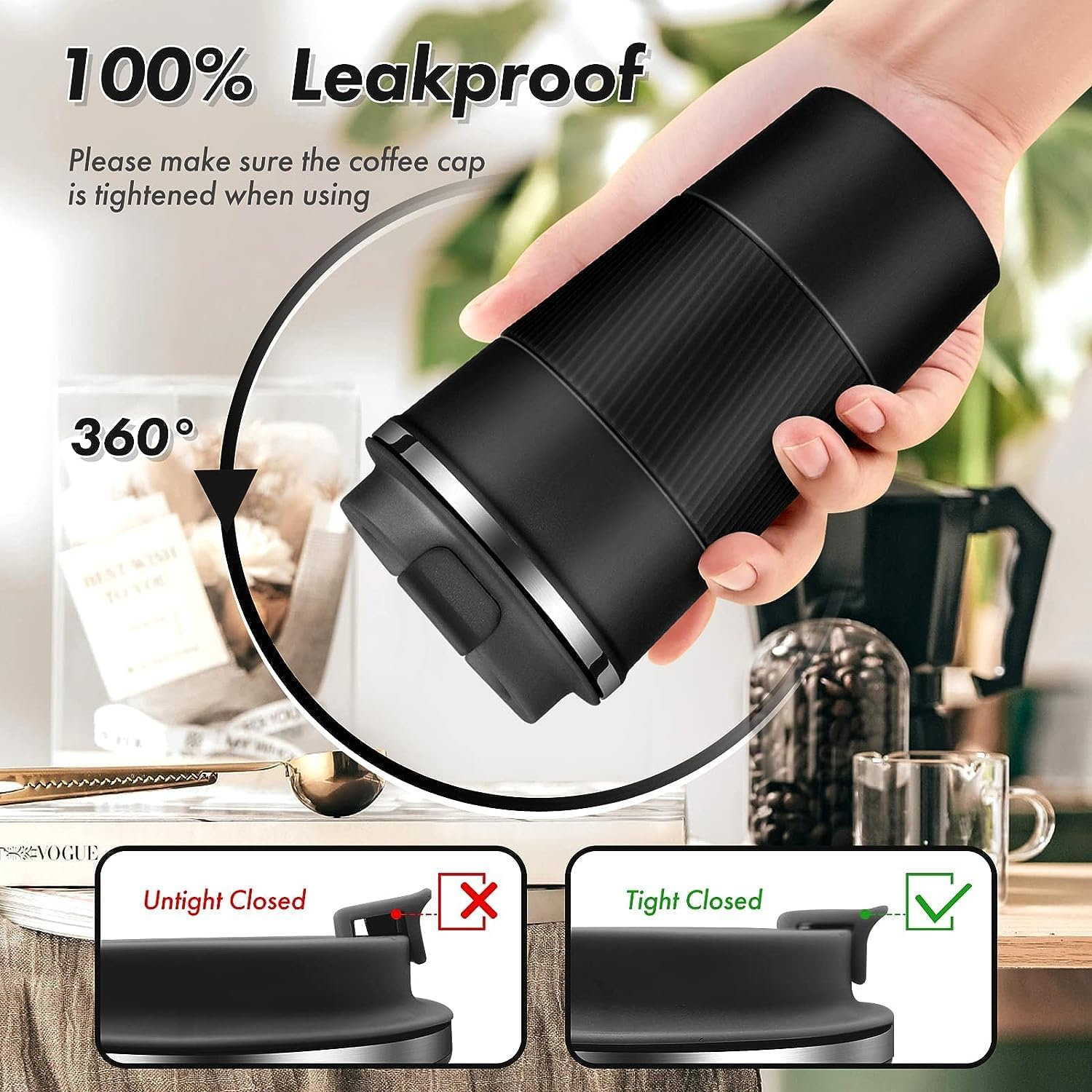 Travel Mug Reusable Coffee Cups 510Ml/17Oz Insulated Mug Thermal Tumbler to Go with Lid Leak Proof Thermal Insulated Vacuum Insulation Stainless Steel Bottle for Hot Cold Drinks (Black) - Green image number 2