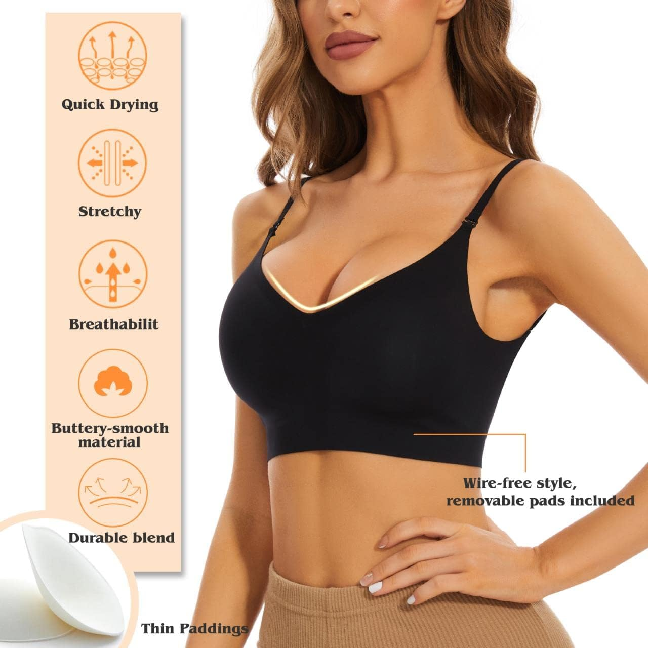 Low Back Bra for Women Wirefree Seamless Bra Backless Multiway Straps Convertible Halter Bra with Padded Removeable image number 5