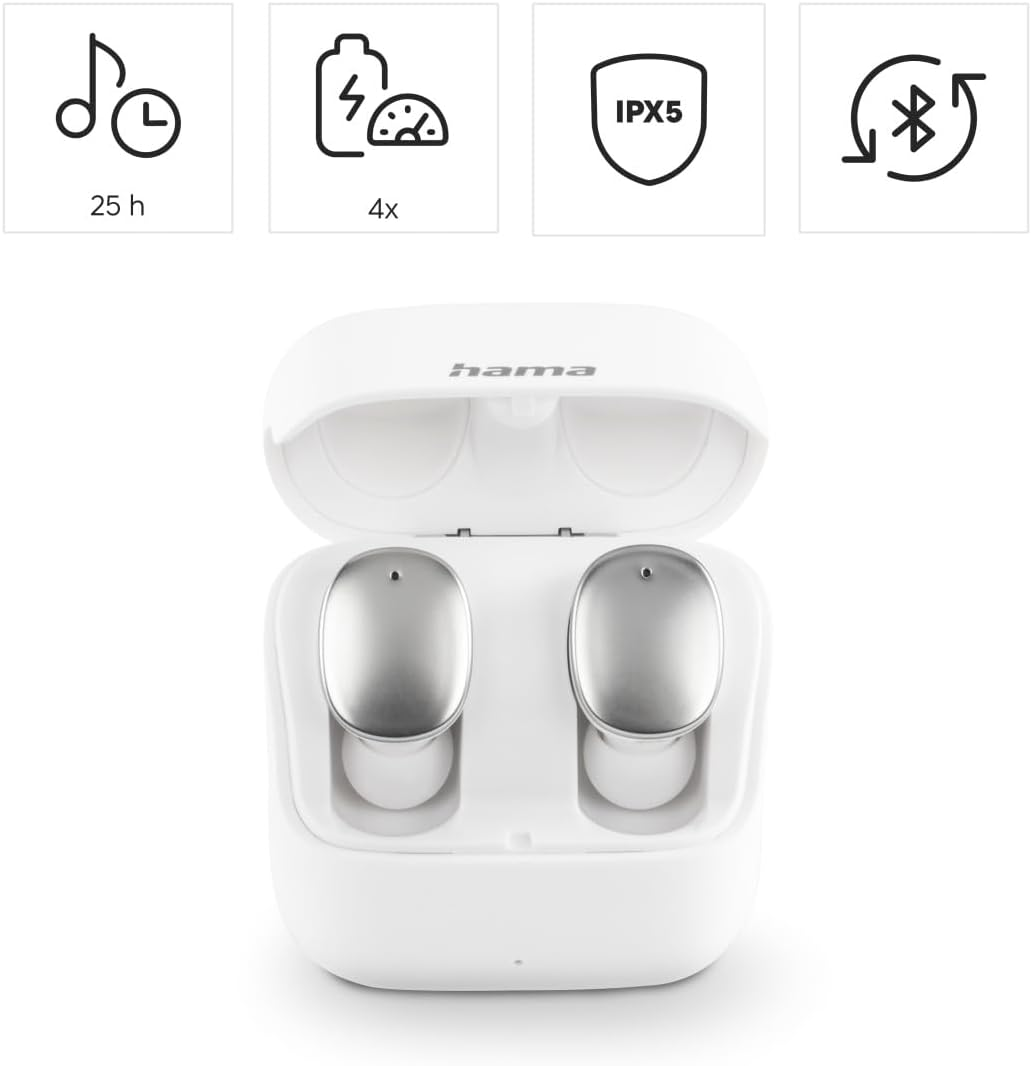 Hama Spirit Pure Bluetooth Headphones (In-Ear Headphones with Microphone, True Wireless Earbuds with Charging Station, IPX5 Splashproof, 25 Hour Battery, Wireless Headphones with Voice Control) White image number 3
