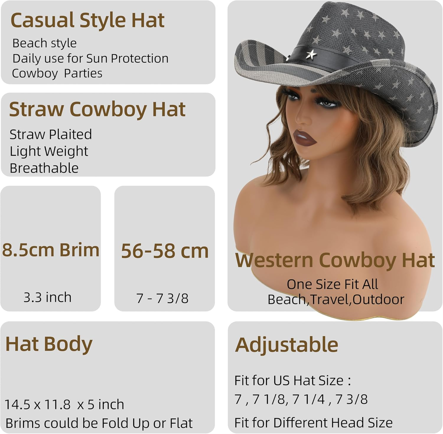 Unisex American Flag Cowboy Hat USA Falg Patriotic 4Th of July Parade Western Cowgirl Hat - Brown image number 5