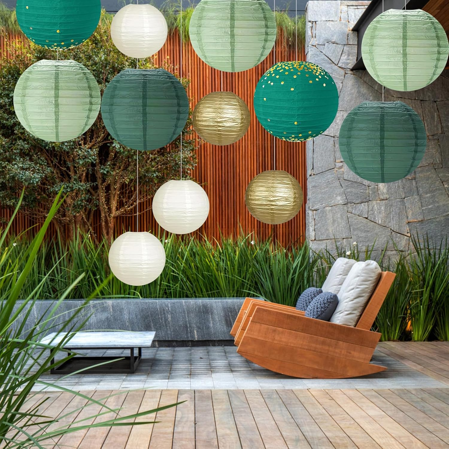 Pack of 12 Paper Lanterns, Green Gold, Sage Green Paper Lantern with 50 M Fishing Line, round Hanging Paper Lanterns, Party Decoration, Paper Lantern for Wedding, Garden Party (Diameter 20 Cm/25 Cm/30 image number 2