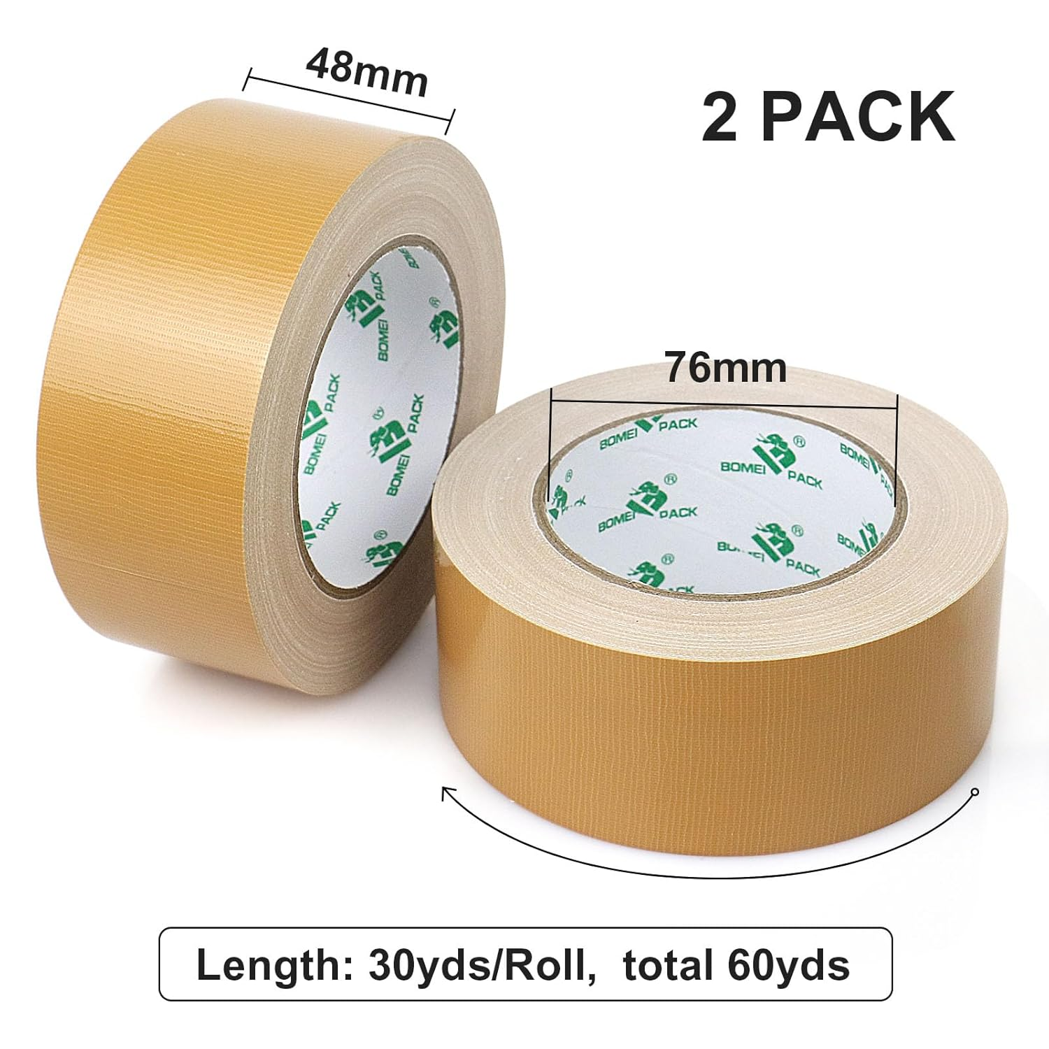 Heavy Duty Brown Duct Tape, Multi-Use Easy Tear Gaffer Waterproof Cloth Tape for Repairing, Maintenance and Industrial Use, 1.88 Inch X 32.8 Yards, 9 Mil Thick, 2 Roll, BOMEI PACK