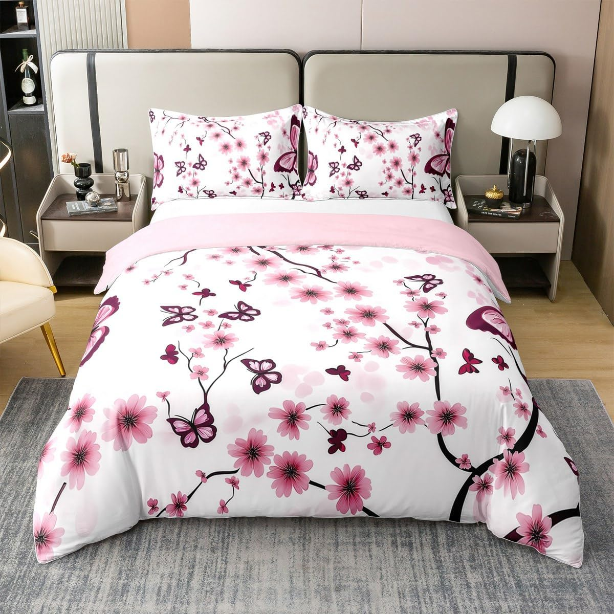Homewish 100% Cotton Cherry Blossom Duvet Cover, Spring Elegant Flowers Butterfly Bed Linen Set 220 X 240 Cm for Girls Women Girls Japanese Style Bed Set, Botanical Flowers Duvet Cover, Pink Purple