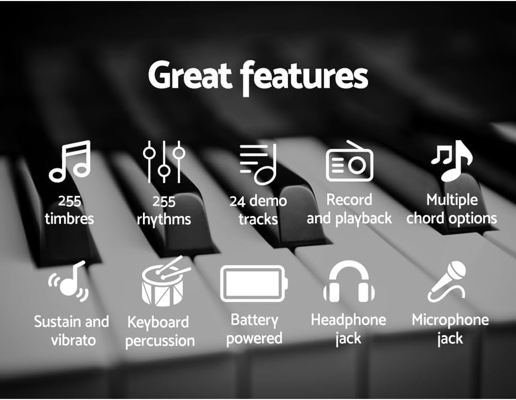 ALPHA 61 Keys Electronic Piano Keyboard Portable Digital Keyboard with Audio Input, Microphone Input, Headphone Output, Tones Rhythms LED Electric Holder Music Stand Adaptor Power Black image number 4