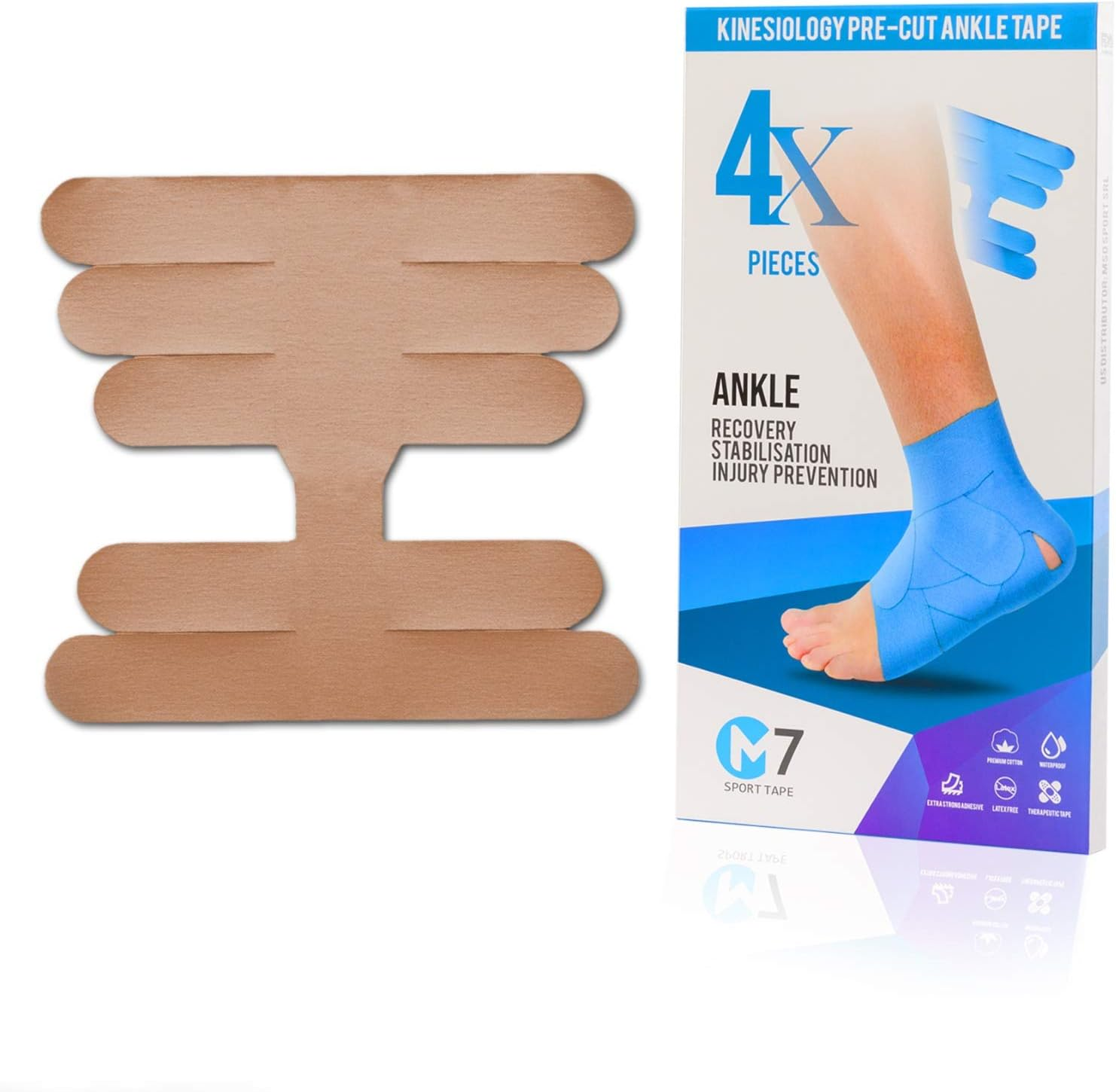 M7 Sport Kinesiology Ankle Tape for Ankle Sprain and Injury Recovery, Kt Tape for Ankle, Pain Relief Therapeutic Tape, Plantar Fasciitis, Waterproof, Eases Swelling (Beige, 4-Pack) - Beige image number 3
