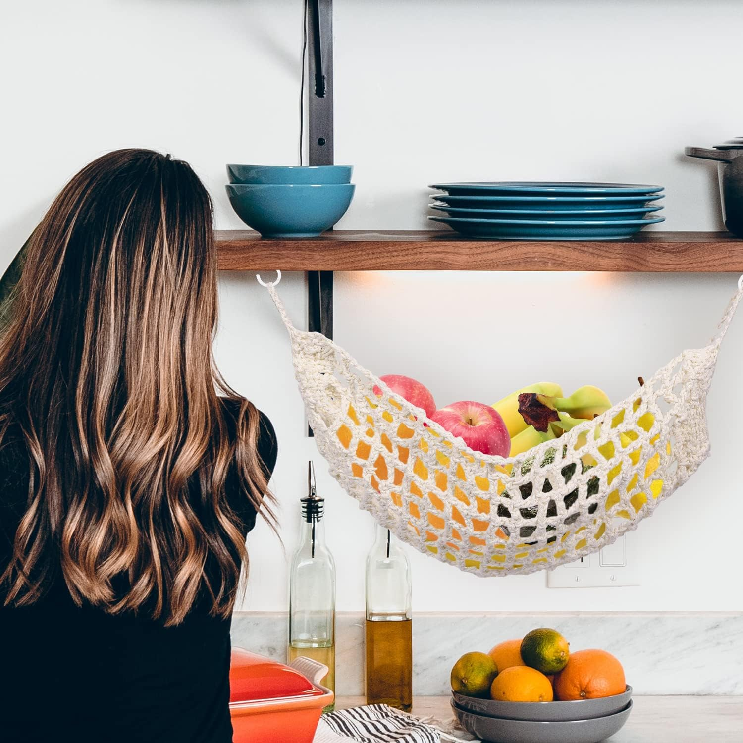 SAVITA 12.5X16Inch Hanging Fruit Hammock, Fruit Holder Hanging with 2 Hooks 100% Cotton Handmade Woven Space-Saving Fruit Basket under Cabinet for Kitchen Ship Storage image number 1