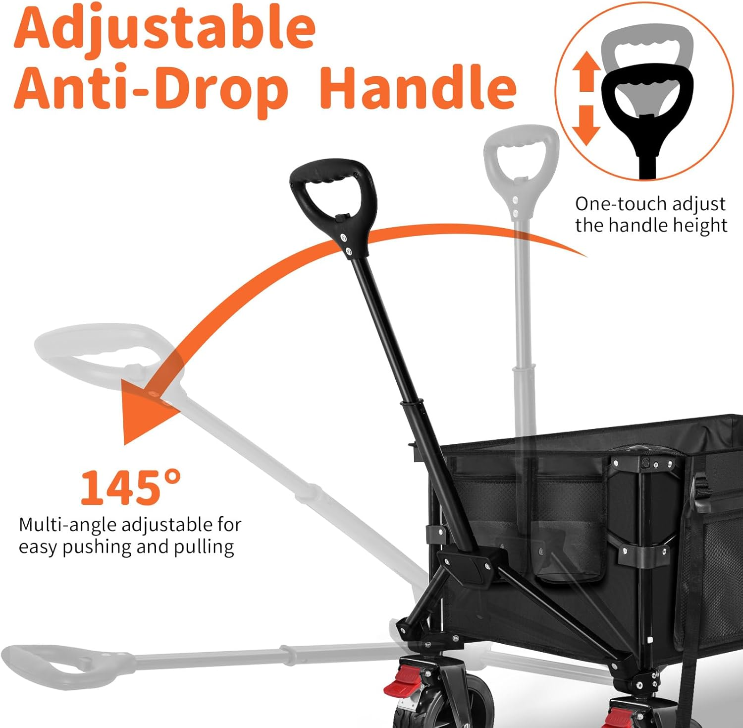 BELEEV Collapsible Wagon Cart, Heavy Duty Foldable Utility Cart with 6" All-Terrain Big Wheels, 130L Large Capacity, Side Pocket & Drink Holders for Beach Grocery Garden Camping Sports Shopping(Black)