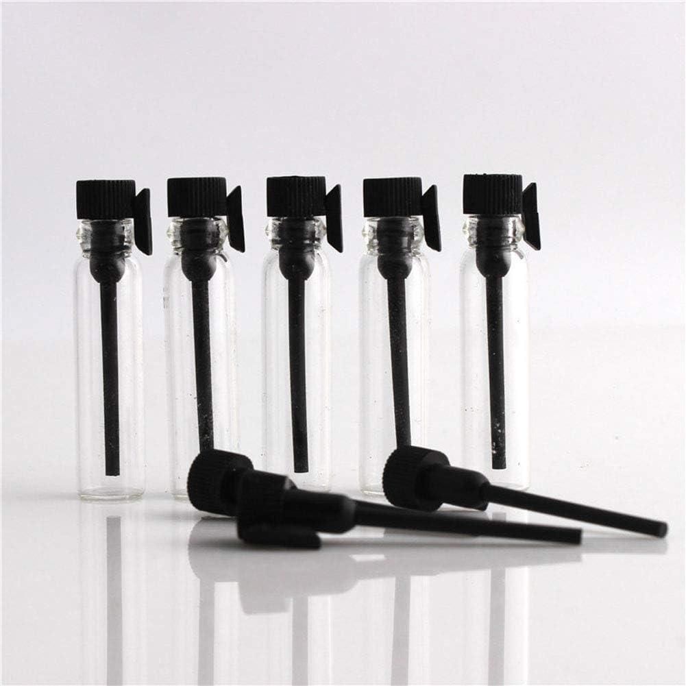 100 Pcs Empty Perfume Sample Bottles Mini Glass Refillable Sample Vial Containers with Black Cap for Aromatherapy, Essential Oil, Fragrance and Liquid (1Ml)
