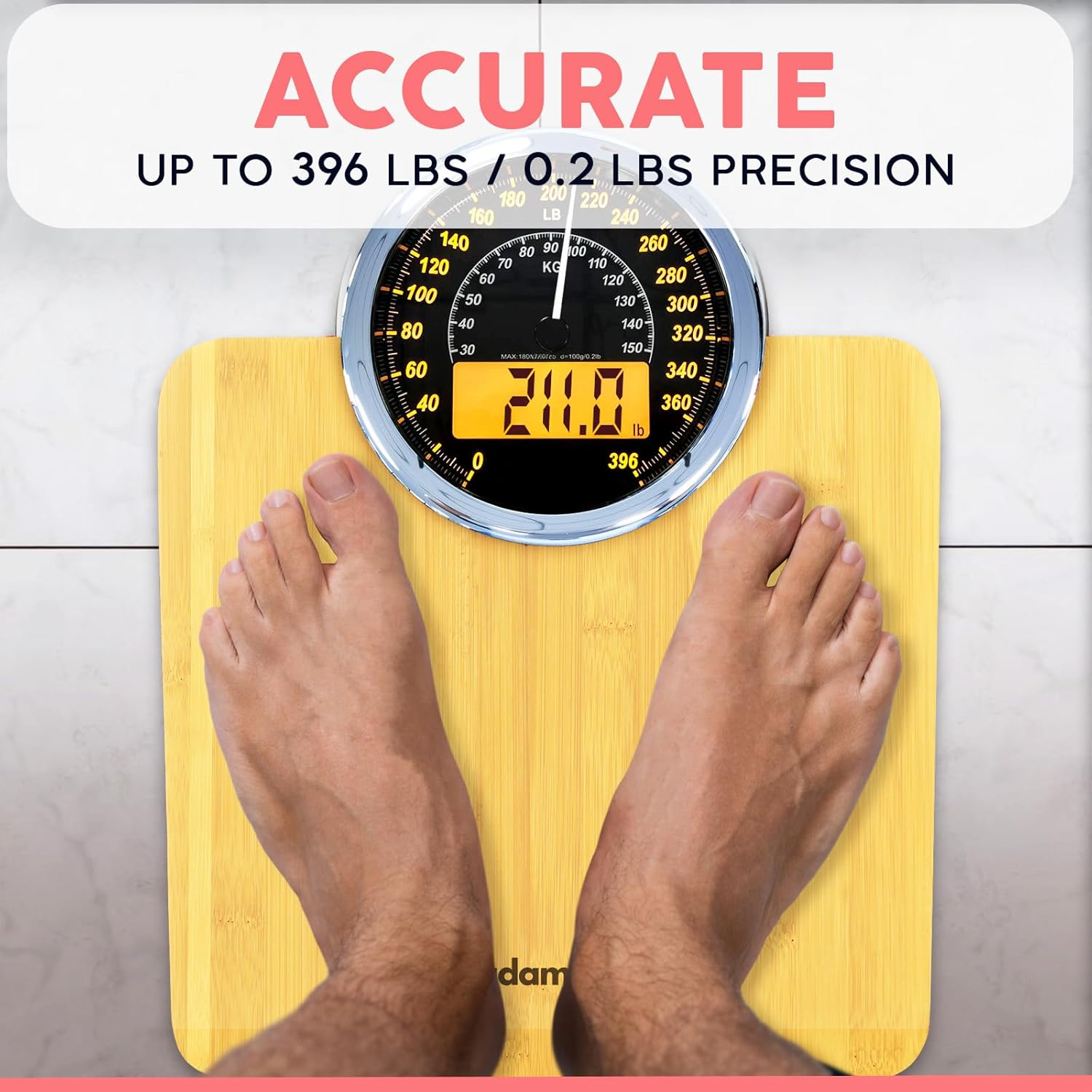 Adamson Hybrid 2-In-1 Analog & Digital Weighing Scale for Body Weight up to 400Lbs + Thick Tempered Glass + Extra Large Display + Easy to Read Digital Bathroom Scale + New Version - Wood image number 5