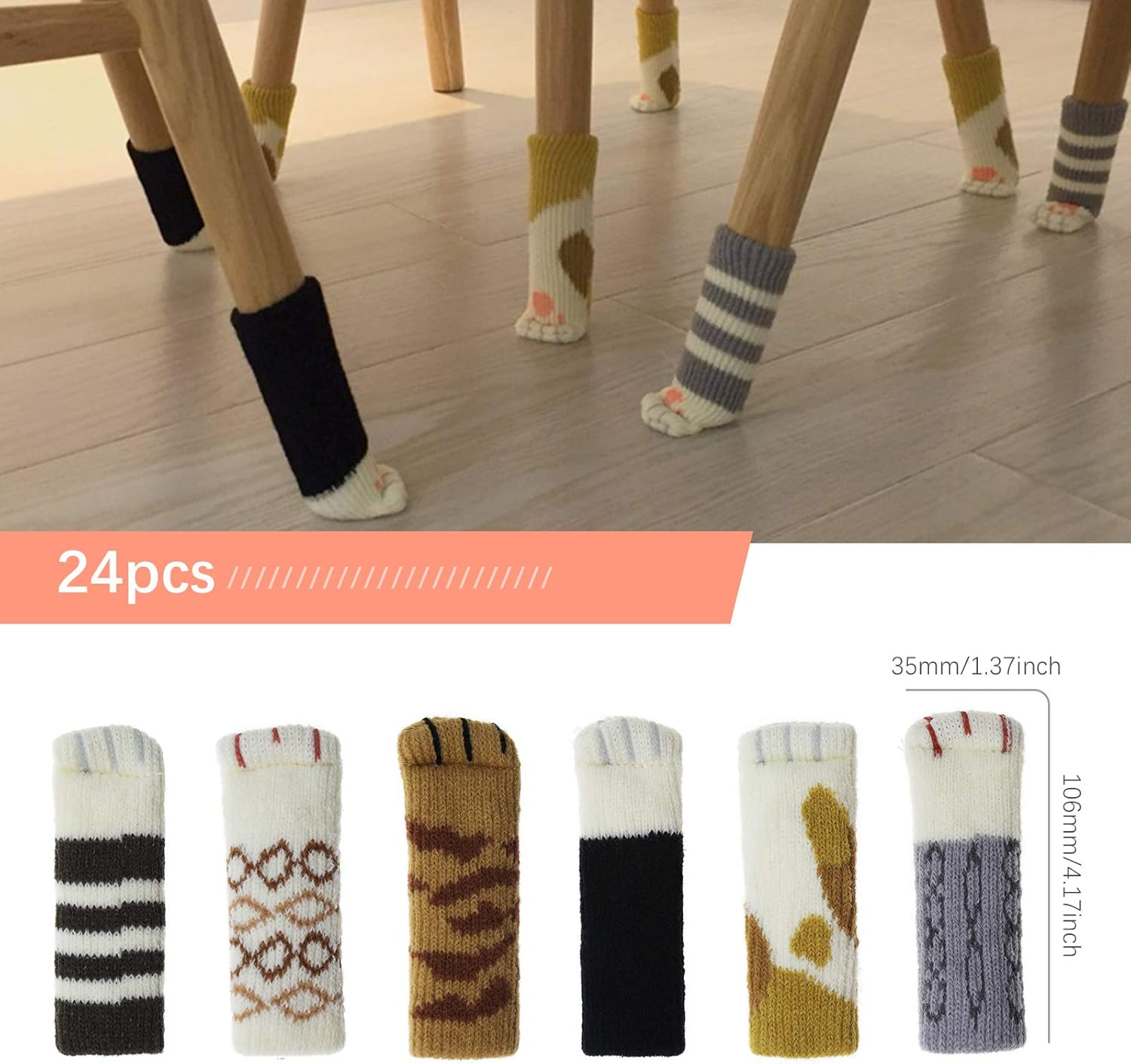 SING F LTD 24Pcs Furniture Leg Covers Set Cute Cat Paws Design High Elastic Non-Slip Floor Protectors Pads Reduce Noise for Desk Table Feet image number 2