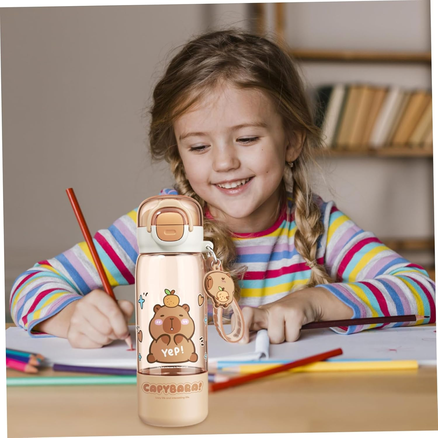 Capybara Water Bottle with Lid & Keychain Cute Water Bottle with Silicone Straw, Drinking Cup & Spout Portable Heat-Resistant Food Grade for Kids & Girls, 510Ml image number 2