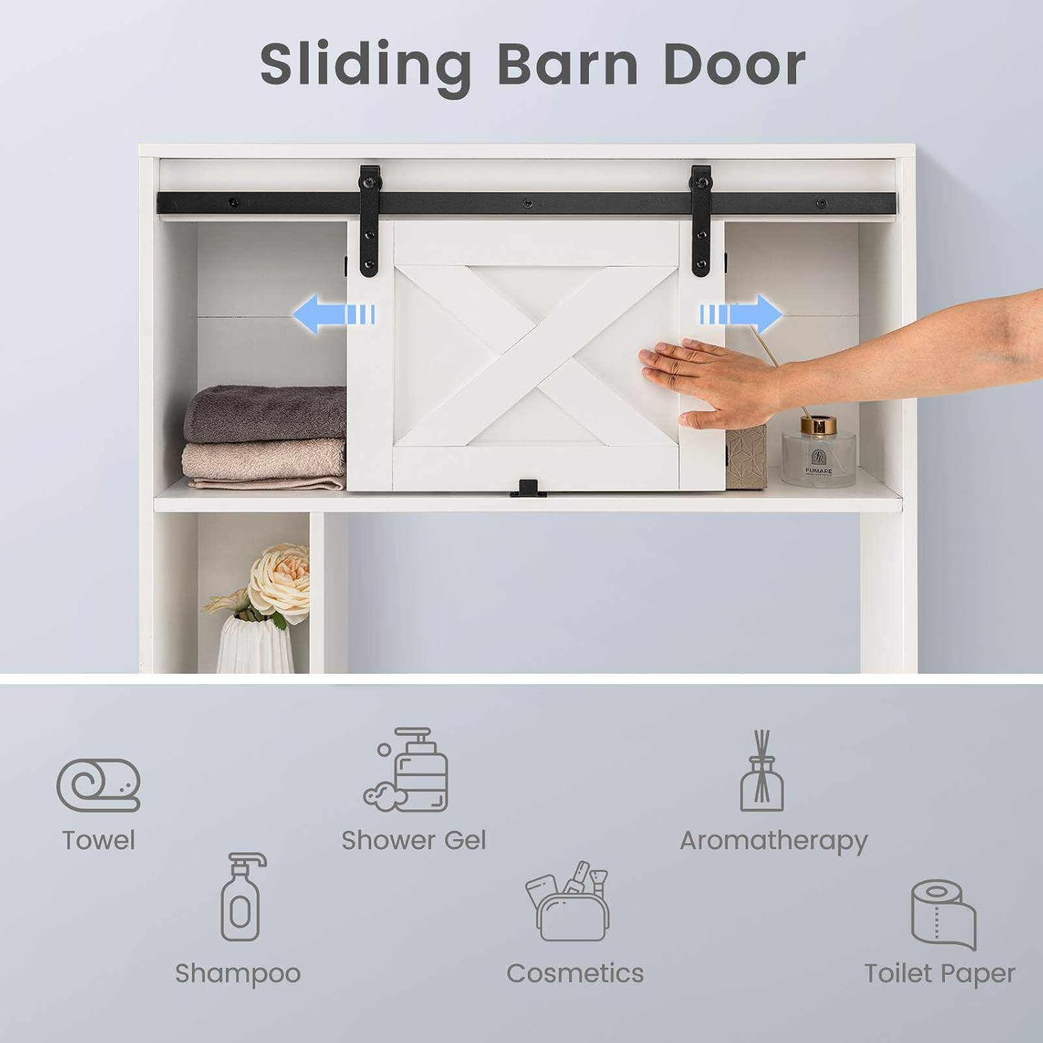 Giantex over the Toilet Storage Cabinet, Freestanding Bathroom Organizer with Sliding Barn Door & Storage Shelves, Multifunctional Bathroom Toilet Rack for Bathroom Restroom Laundry (White) - Brown image number 6