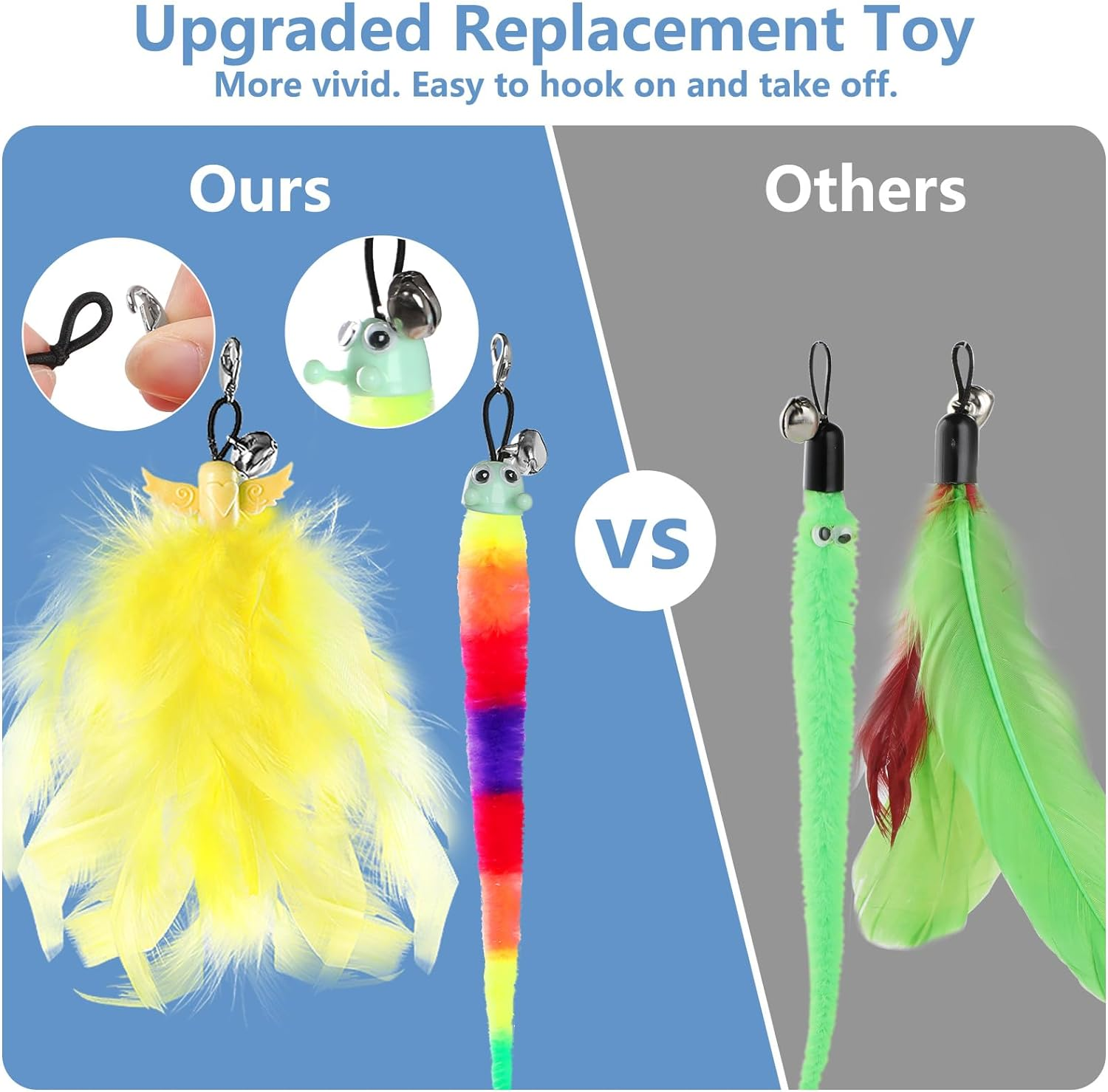 Hianjoo 10PCS Teaser Cat Toy, Replacement Teaser, 6 Pieces Cat Worms Refill and 4 Pieces Feather Toy with Bell, Interactive Catcher Teaser for Kitten or Cats image number 4