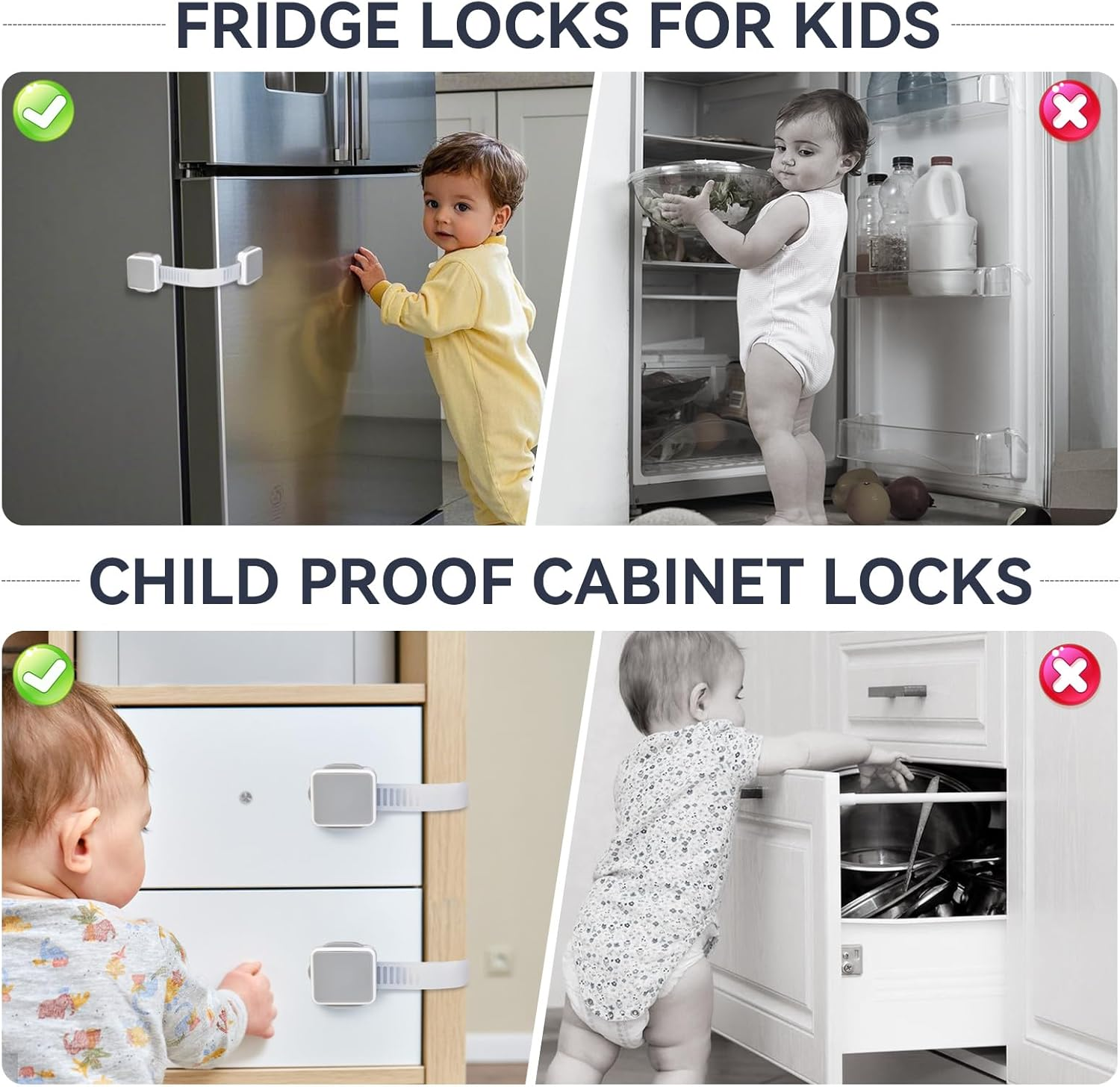 2 Pack Child Safety Cabinet Locks for Baby Proofing, Length Adjustable Latch Straps Dual Button Design for Drawers Fridge Refrigerator Doors Toilet Seat Oven image number 5