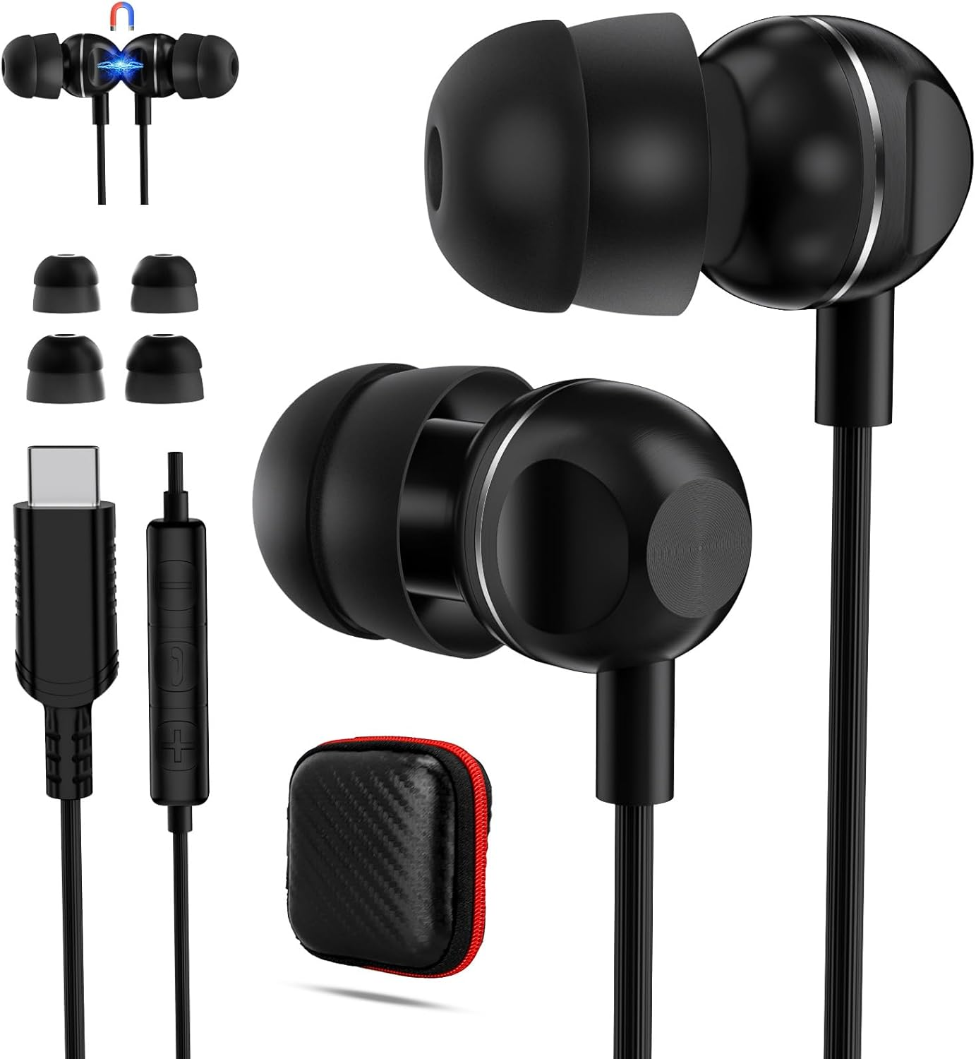 AIAUXAI Soft and Lightweight In-Ear Headphones with Microphone and Volume Control, Noise Reduction Sleep Headphones, USB-C Plug, Magnetic Earphones, Double Layer Silicone Caps image number 1