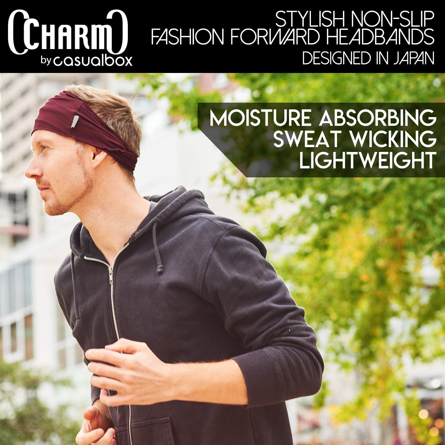 CHARM Mens Bandana Head Wrap - Womens Elastic Headband Japanese Long Hair Dreads - Black  Dark Gray 2-Pack image number 7