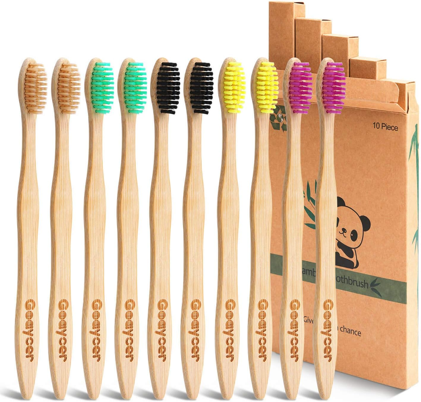 Goaycer Eco Friendly Bamboo Toothbrush, 10Pack Medium Firm Bristles Biodegradable Bulk Wooden Toothbrushes