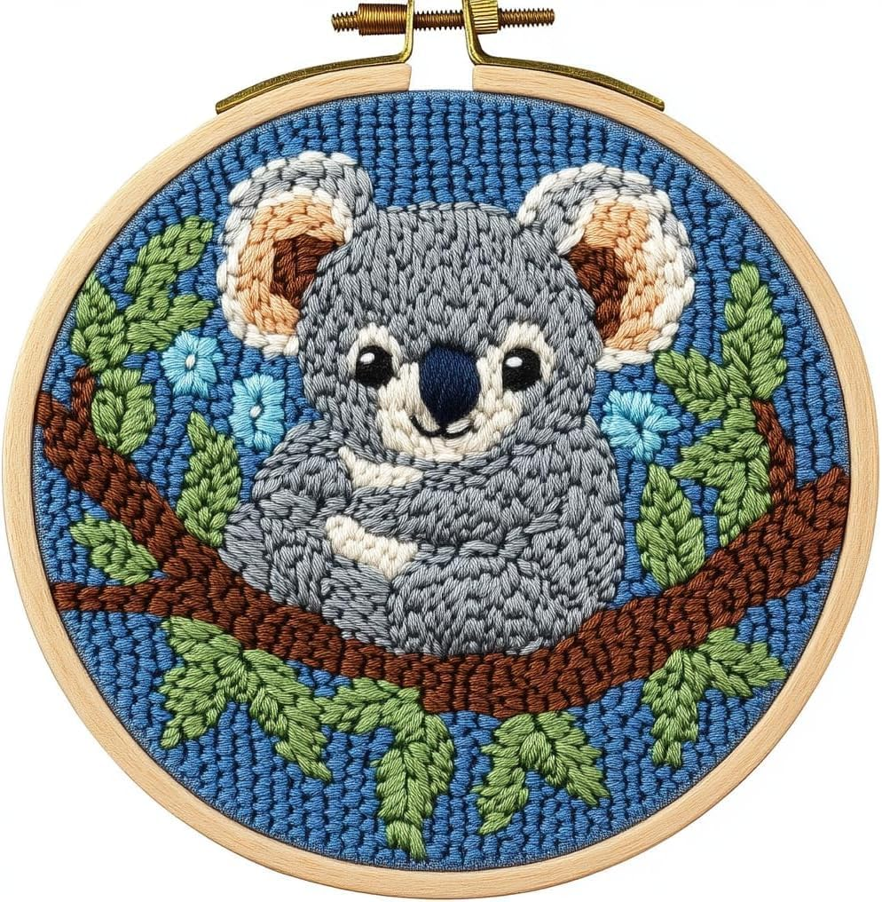 DIY Punch Needle Kits for Beginners Cute Cartoon Koala Portrait with Hoop Embroidery Punch Needle Starter Craft Set Easy for Adults Festival Gift and Decoration 20X20Cm
