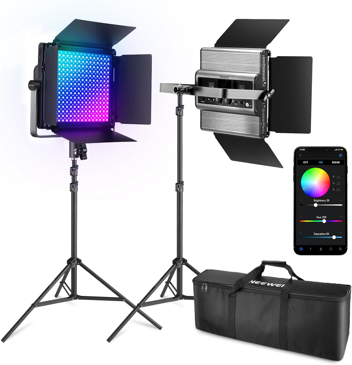 NEEWER 2 Pack RGB1200 LED Video Light with APP/2.4G Control, Key Lighting Kit with Tripod Stands & Bag for Streaming Recording Studio Photography, 60W/22000Lux/1% Min Dimming/360&deg; RGB/CRI97+/TLCI98+ image number 5