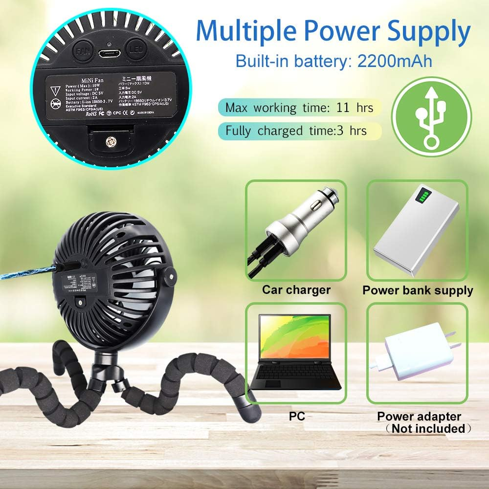 Portable Battery Powered Stroller Fan,Mini Handheld Personal USB Fan,Car Seat Baby Fan with Flexible Tripod,360&deg; Rotatable Ultra Quiet Desk Fan with LED Light for Stroller/Bike/Camping/Bbq/Gym image number 6