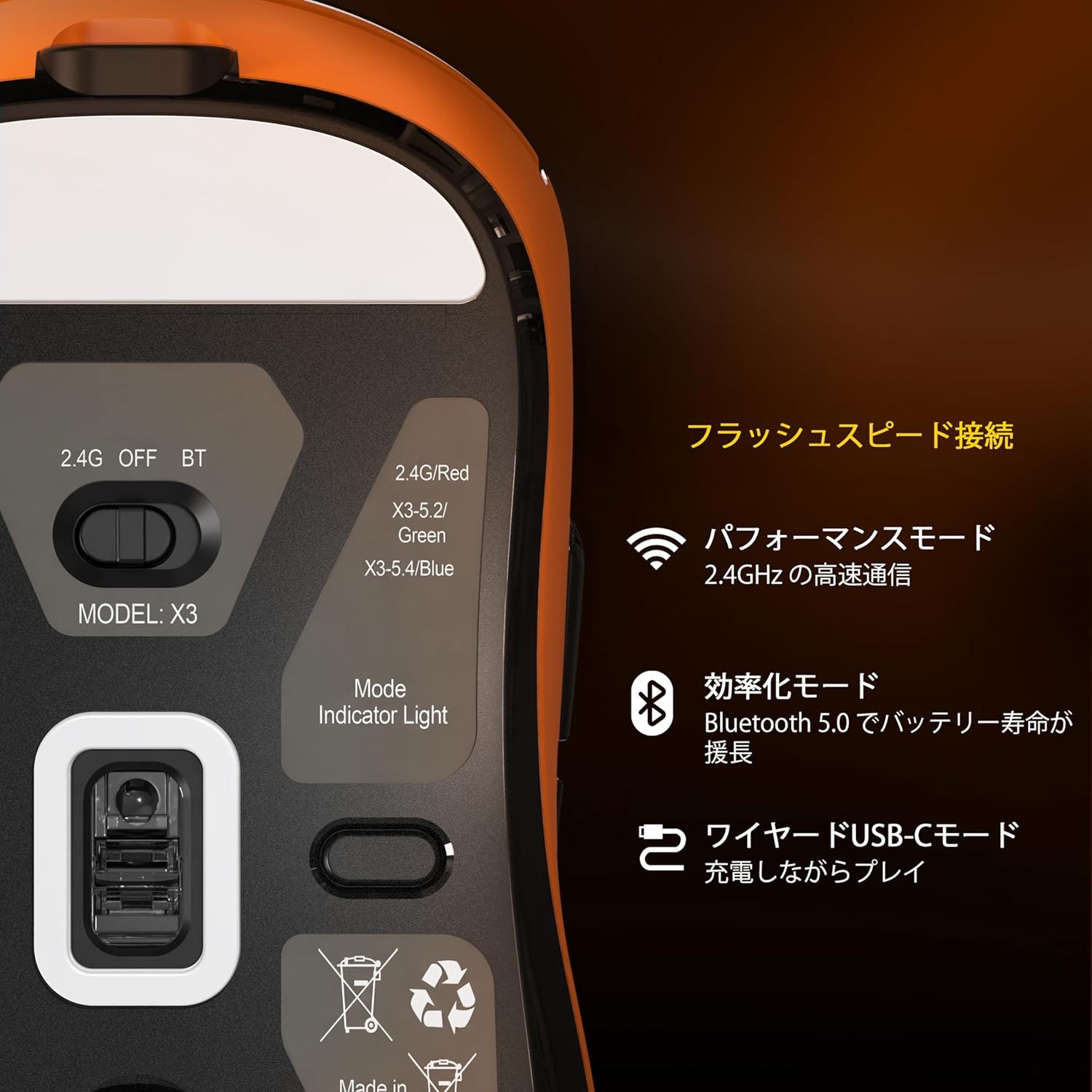 X Attack Shark X3 Gaming Mouse, Ultra-Lightweight 49G, Wireless 2.4G/Bluetooth/Wired Type-C, Original Phase PAW3395 Sensor, Highest Class Accuracy, 26000Dpi-Orange - Black image number 3