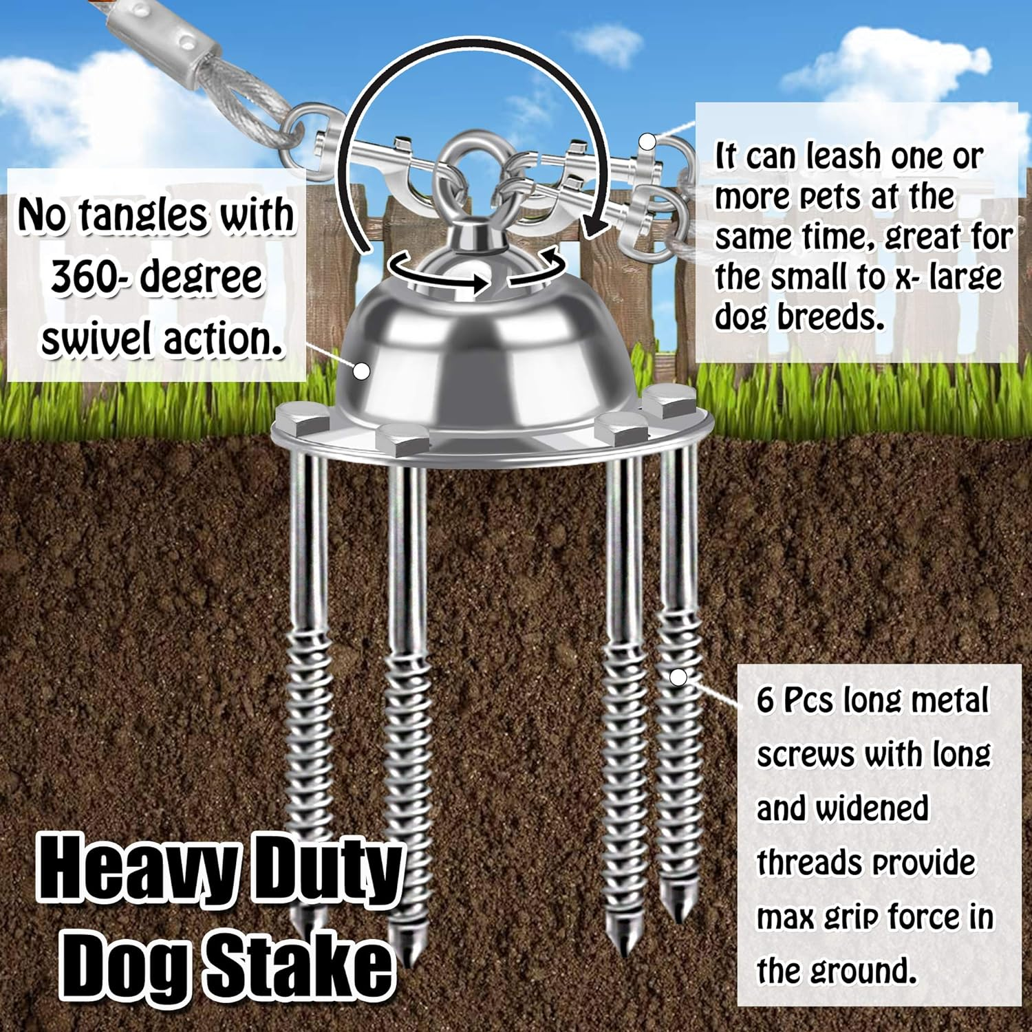 360&deg; Swivel Dog Tie Out Stake Dog Anchor - Heavy Duty Rust Proof Dog Yard Stake Holds 1000Lbs of Pull Force for Yard Camping Outdoor image number 5