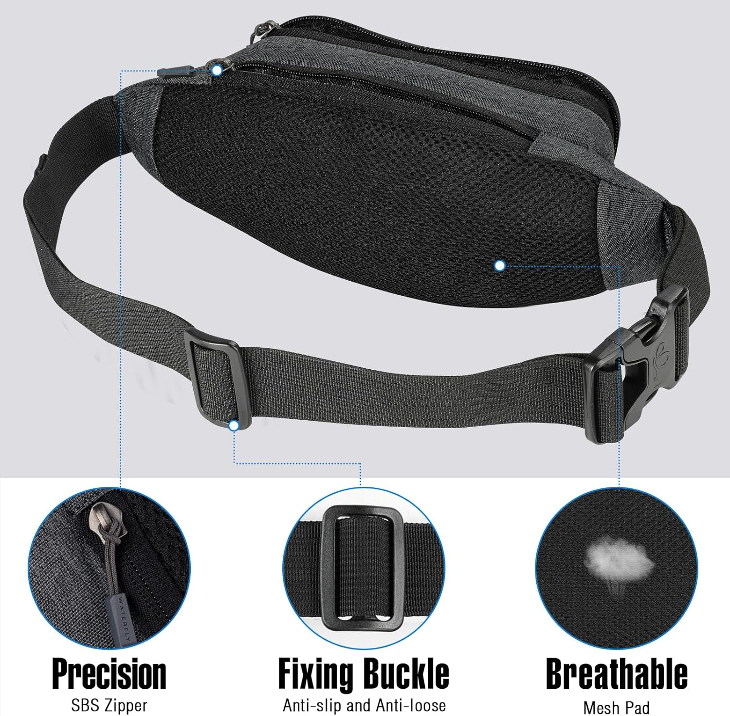 WATERFLY Fanny Pack Waist Bag: Runner Small Hip Pouch Bum Bag Running Fannie Pack Phanny Fannypack Waistpack Bumbag Beltbag Sport Slim Fashionable for Jogging Hiking Woman Man - Black image number 3