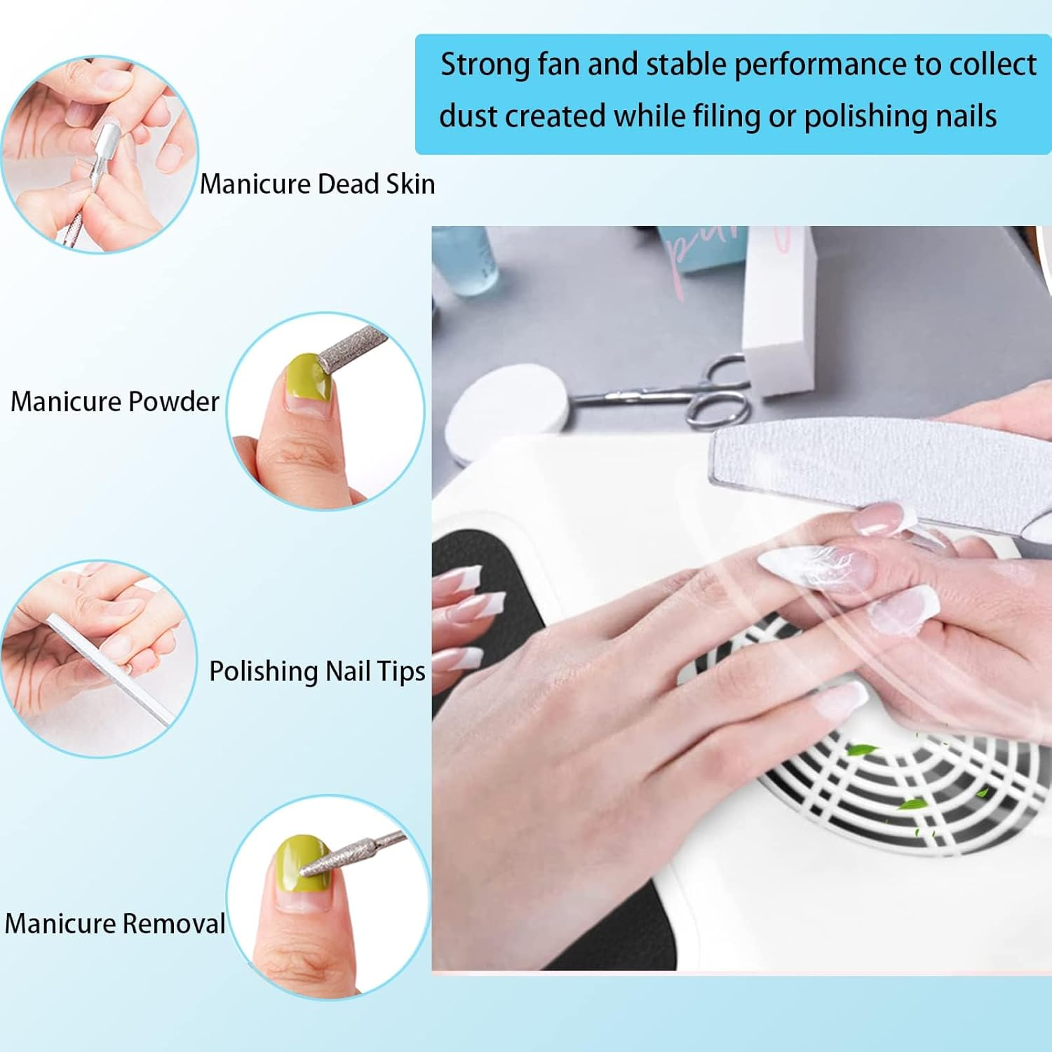 40W Portable Nail Dust Collector, Professional Manicure Vacuum Cleaner with 2 Reusable Dust Bags for Nail Salon & Home Use (White) image number 3