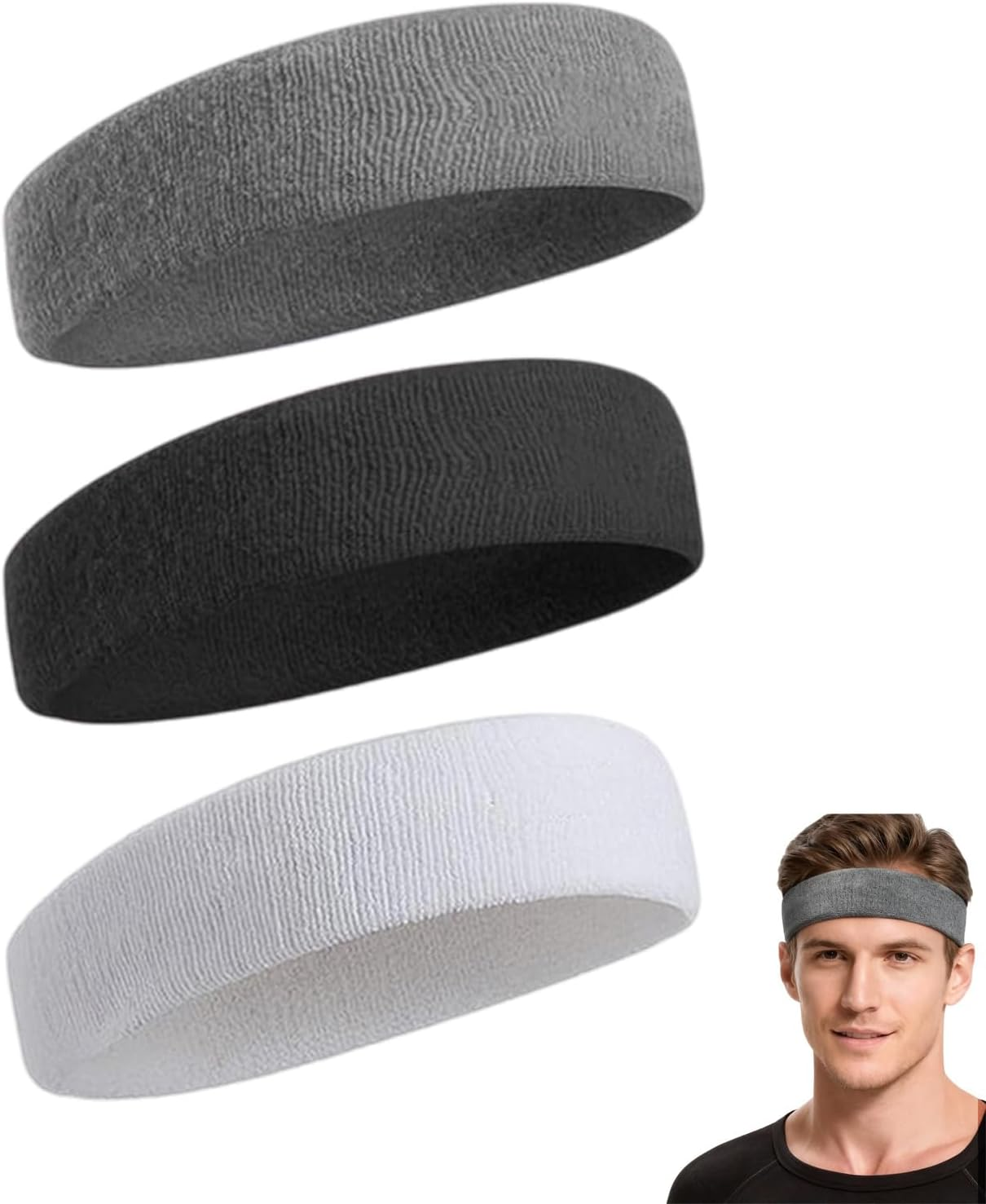 3 Pack Sweat Bands Headbands for Men, Sports Headband Super Comfy Hair Band for Gym Workout Yoga Soccer Boxing Tennis image number 3