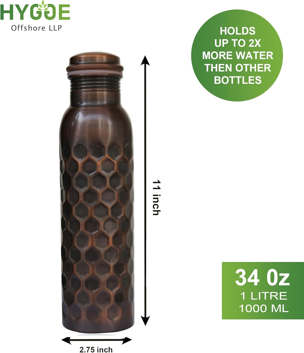HYGGE 34 Oz Pure Copper Water Bottle &ndash; Ayurvedic Copper Vessel &ndash; Leak-Proof, Antique Hammered Design &ndash; Promote Health & Hydration &ndash; Eco-Friendly Drinkware image number 2