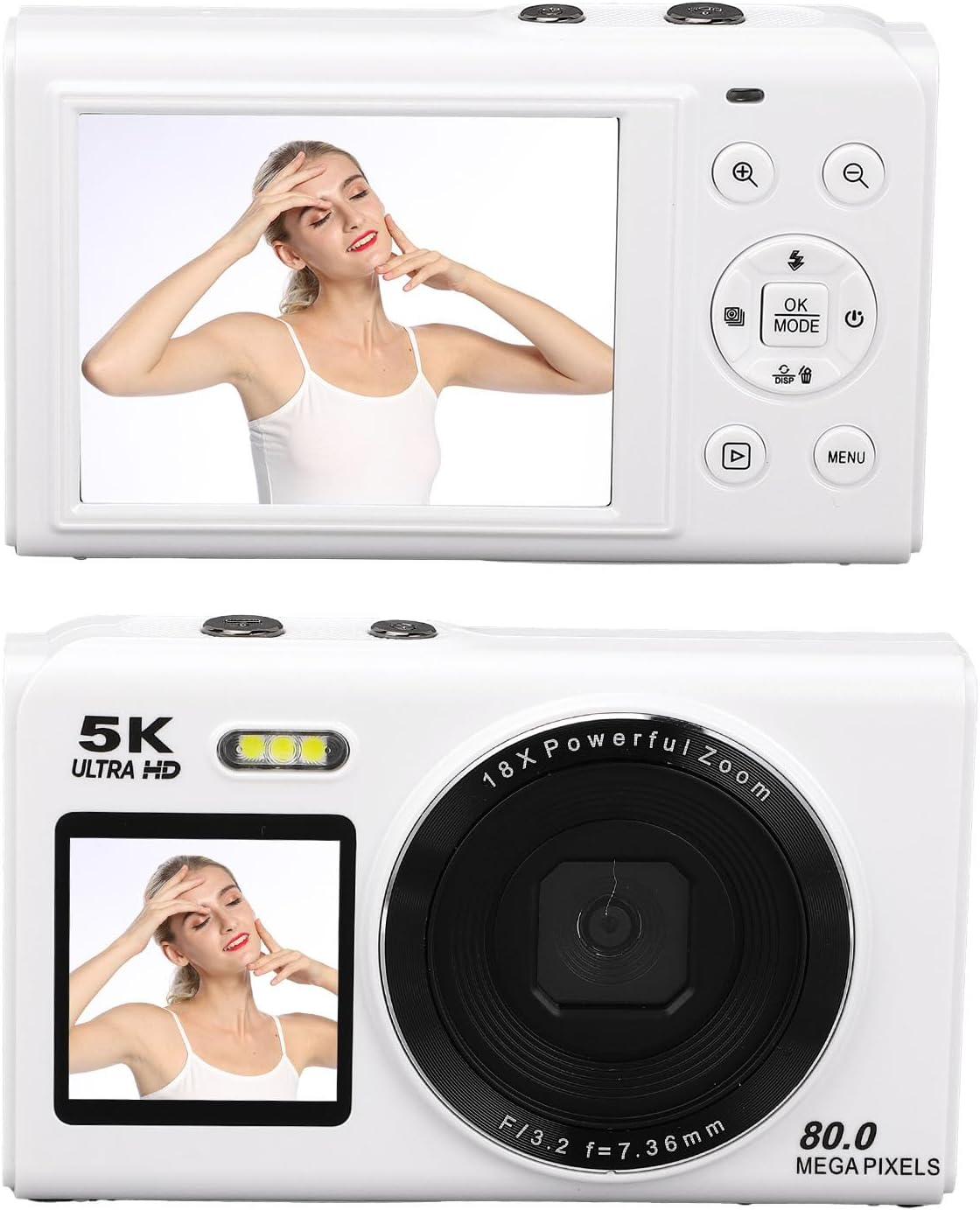 5K Digital Camera with 80MP Dual Screen, 18X Zoom, Wifi, Auto Focus, Built-In Flash, 2.8In & 1.5In Display, Vlogging Camera for Teens, Travel, Streaming, Photography (White)