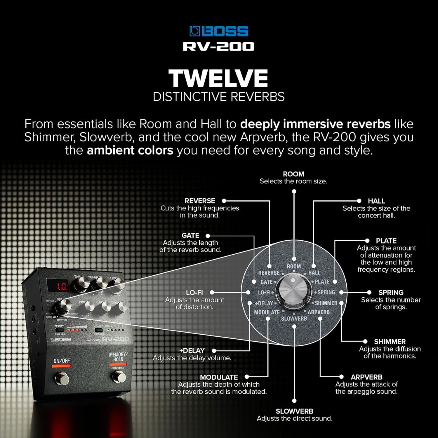 BOSS RV-200 Reverb | Premium Reverb Processing in a Streamlined BOSS 200 Series Effects Pedal Design for Guitar & Other Instruments | 12 Reverb Types Including Arpverb | 127 User Memories image number 2