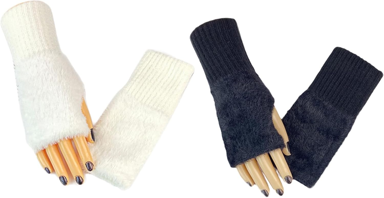 Winter Fingerless Gloves, Furry Wrist Warmers, White and Black image number 4