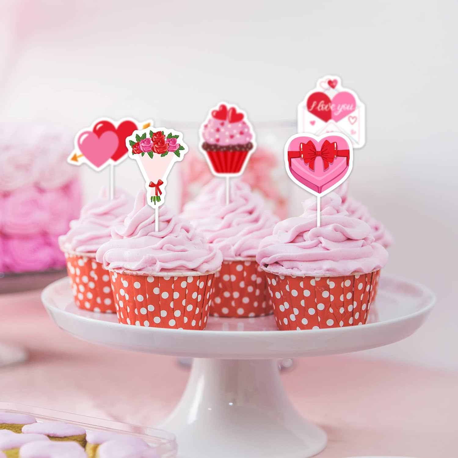 Whaline 72Pcs Valentine'S Day Cupcake Toppers 9 Designs Heart Bear Cupid Cake Toppers Cute Party Cupcake Toppers with Sticks and Glue Point for Valentine'S Day Birthday Anniversary Party Supplies image number 2