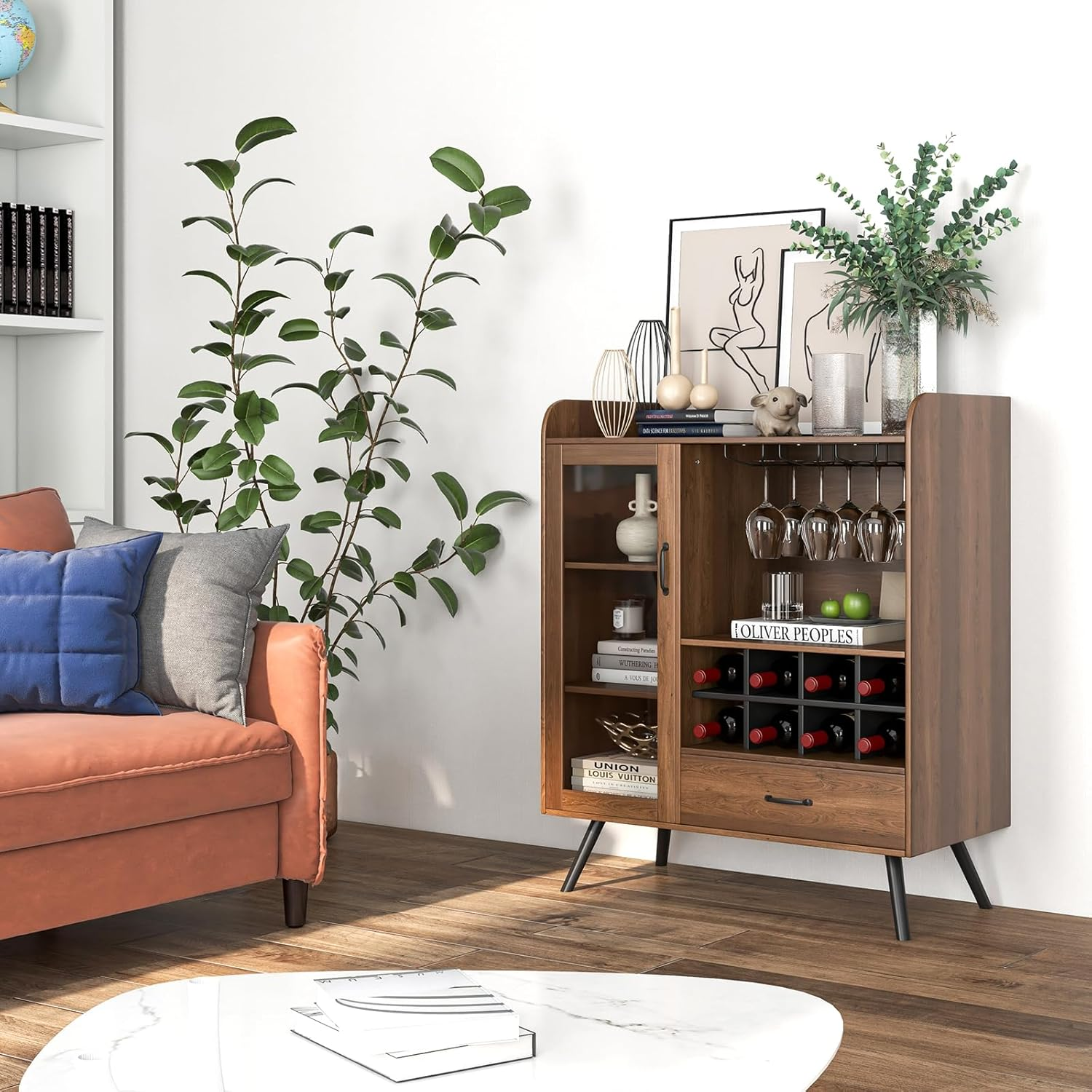 Giantex Buffet Sideboard, Wine Cabinet with Removable Wine Rack, Drawer, Shelves, Tempered Glass Door & Glass Holder, Wooden Wine Storage Sideboard for Kitchen Dining Room Living Room image number 6