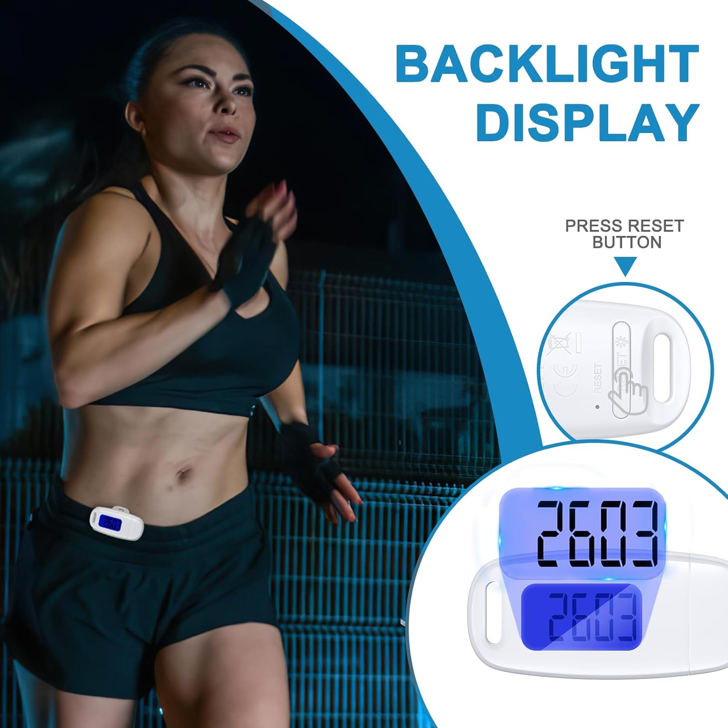 AMIR 3D Walking Pedometer with LED Backlight, Portable Sports Step Counter with Detachable Clips and Lanyard, USB Charging, Track Steps in Real Time, Accurately Pedometer for Seniors Men Women, Kids image number 3