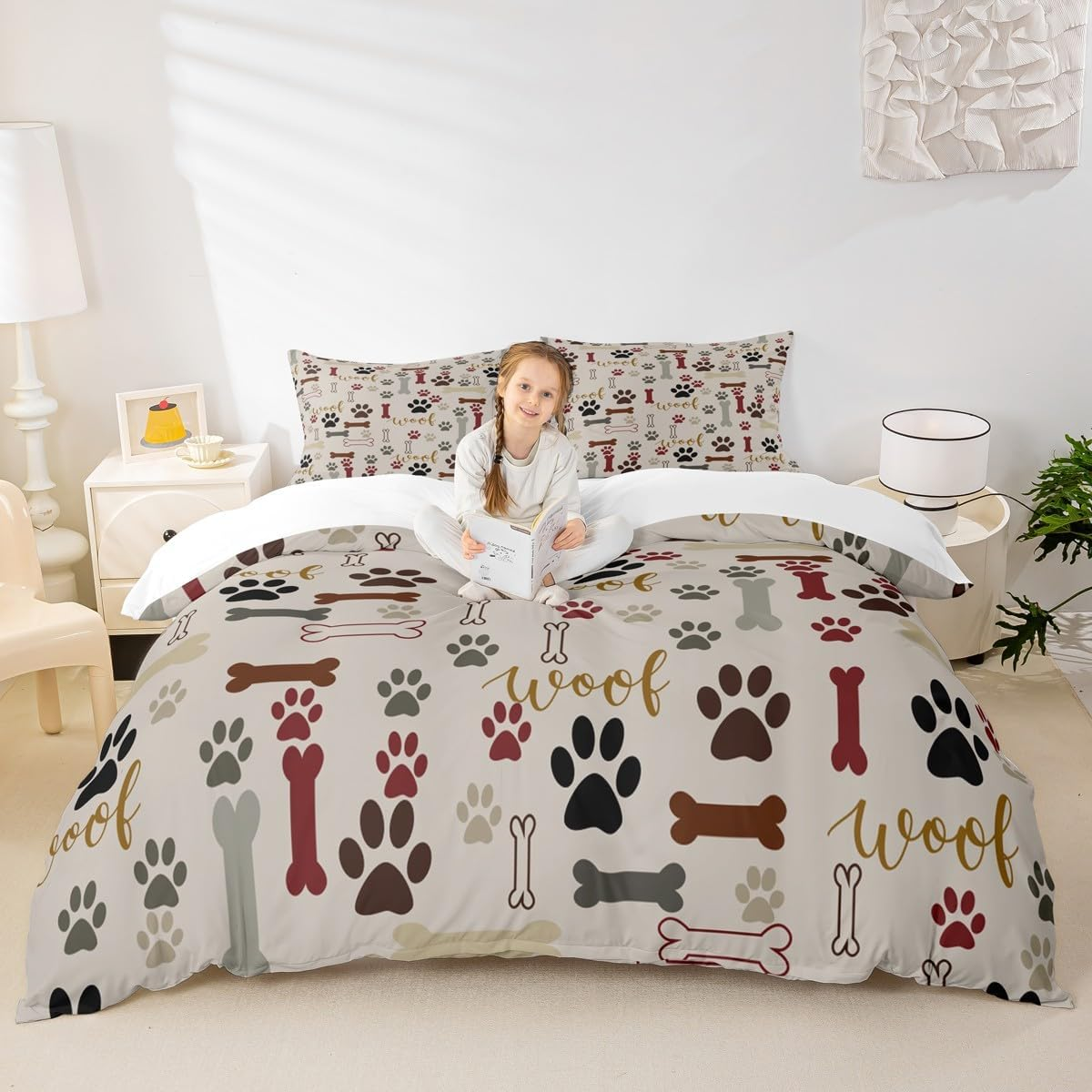 Dog Paw Print Duvet Cover Set Queen Size,Bone Pattern Bedding Set 3Pcs for Kids Teens Girls Boys Room Decor, Pet Animal Comforter Cover Cartoon Quilt Cover with 2 Pillowcases