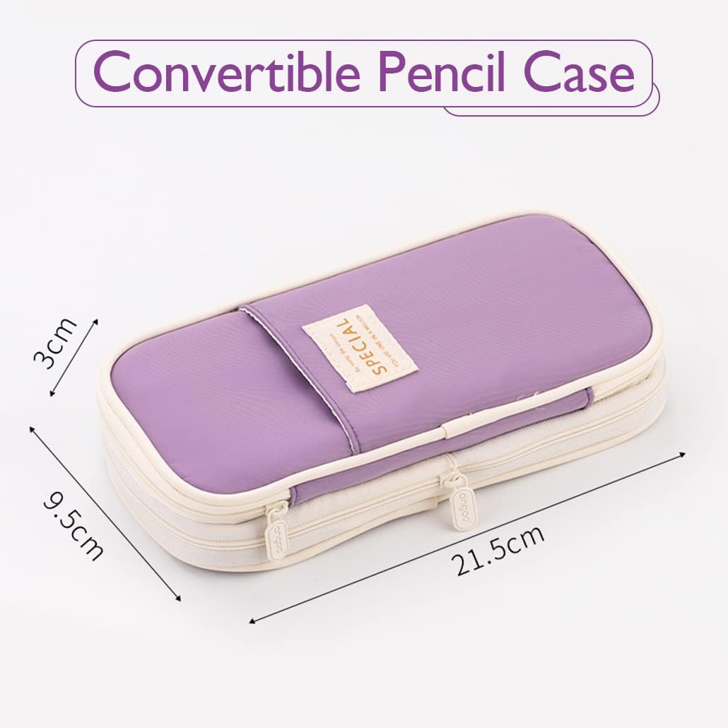 Isuperb Pencil Case Large Capacity Student Canvas Pencil Case Storage Bag Double Zipper Pencil Box for School, Light Blue, Modern image number 3