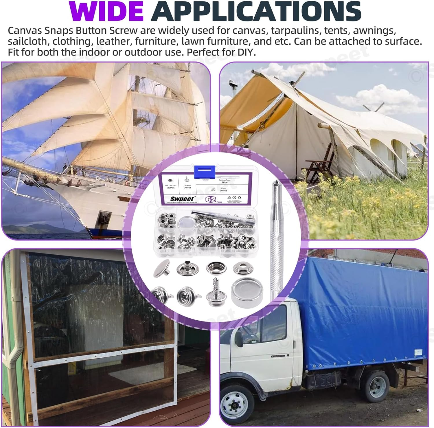 Swpeet 122Pcs Canvas Snap Kit, Stainless Steel Marine Grade Canvas and Upholstery Boat Cover Snap Button Fastener Kit Including 3/8" Sockets 13Mm Metal Screws Caps Anvil 3" Flaring Tool for Boat Cover image number 4