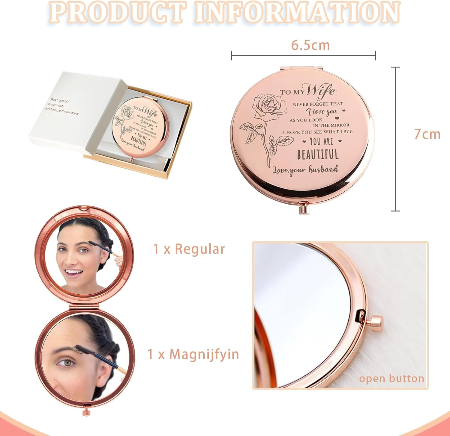 Checkzed Souvenir for Wife - Gold Compact Mirror, Romantic Souvenir for Your Lover, Birthday, Valentines Day, Mothers Day, Travel Makeup Mirror, Unique Souvenirw for Her (For Wife) image number 5