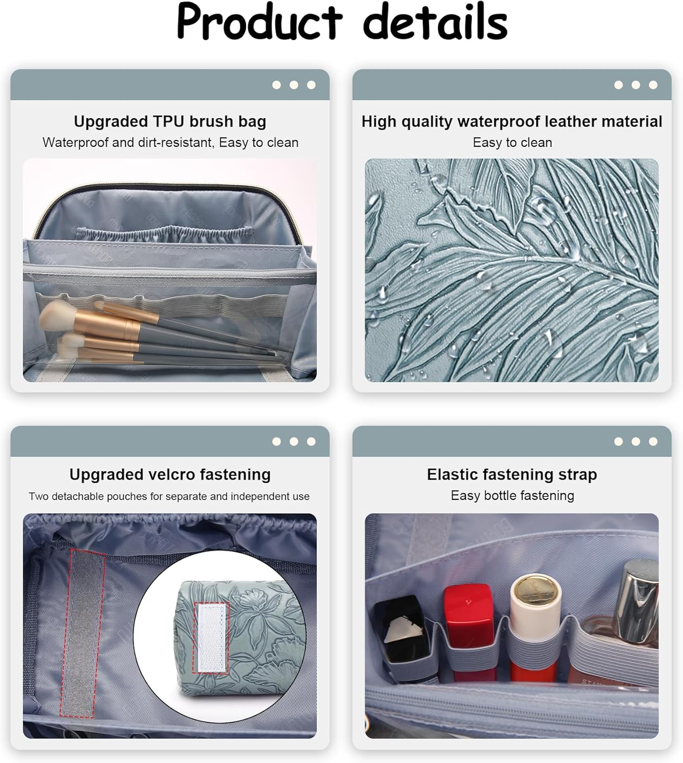 BOYATU Travel Makeup Bags Cosmetic Organizer Bag: 3-Set Large Capacity Make up Bag - PU Leather Toiletry Bags for Women - Wide Open Portable Pouch with Divider & Handle, 01-Light Blue, Travel image number 5