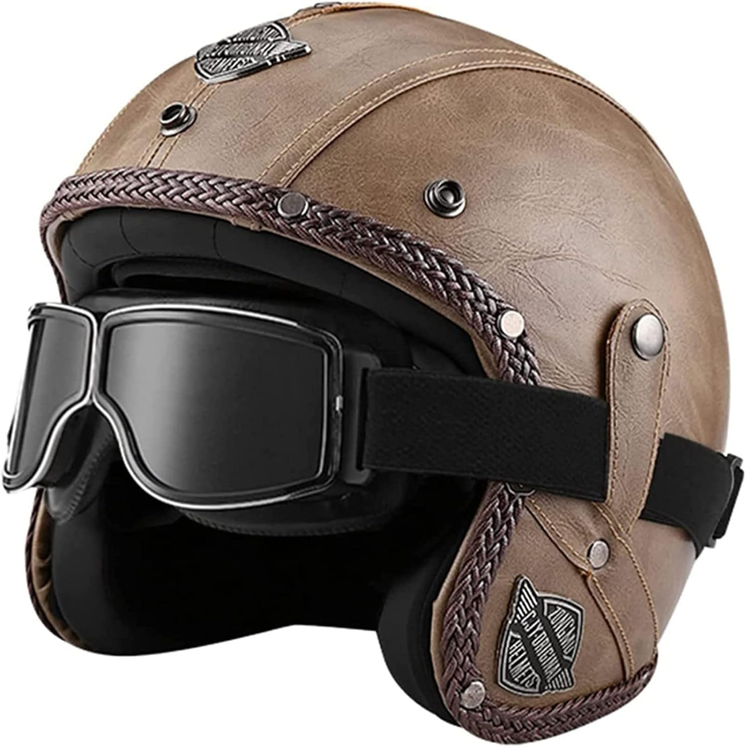 German Style Retro Half Helmet ECE Approved Motorcycle Half Face Helmet with Goggles Adult Men Women Open Face Helmet C,XL=59-60CM