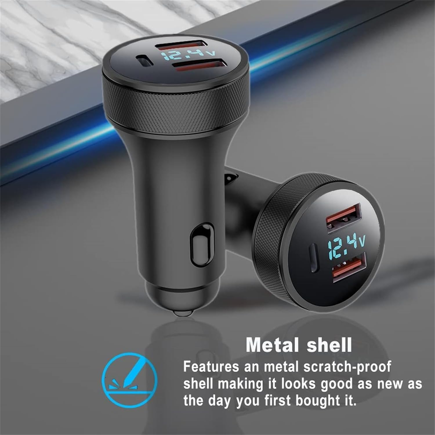 USB C Car Charger 72W PD3.0 Dual QC 3.0 3 Port USB Fast Charging Adapter, Mini Metal USB Cigarette Lighter with LED Digital Voltmeter for Iphone 11/12/13/14, Ipad Pro, Samsung S22/S21 image number 4