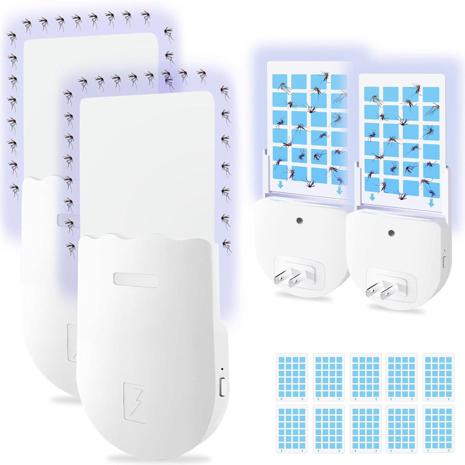 2 Pack Flying Insect Trap, 2 in 1 Indoor Plug-In Mosquito Killer, Fly Trap for Flies, Fruit Flies, Moths & Gnats, UV Attractant Catcher & with Stepless Dimming Night Light,10Pcs Adhesive Cards image number 1