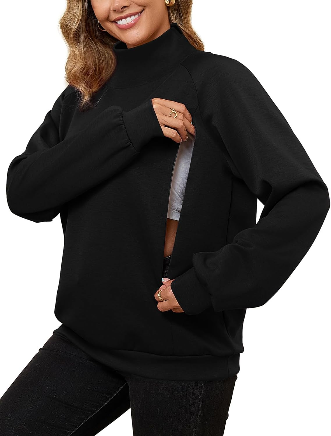 Bhome Nursing Sweatshirt for Breastfeeding High Neck Long Sleeve Nursing Shirt Zipper Maternity Pumping Top Pullover